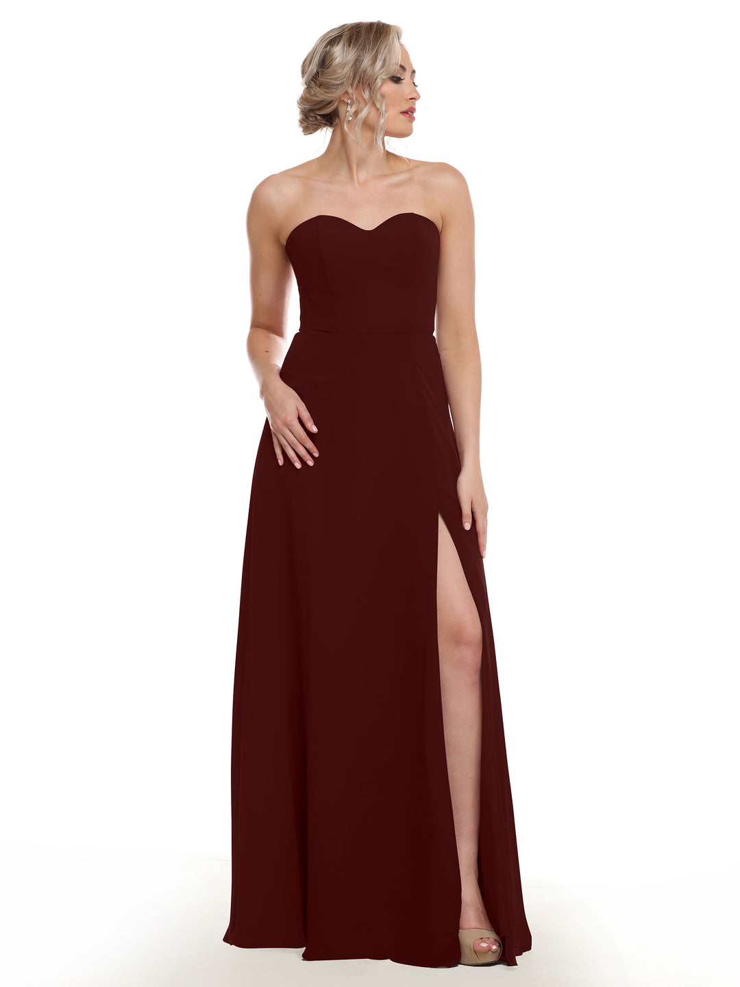 long merlot bridesmaid dresses Sheath Spaghetti Straps Chiffon Long Bridesmaid Dress in Merlot, Merlot / 20 main image 1