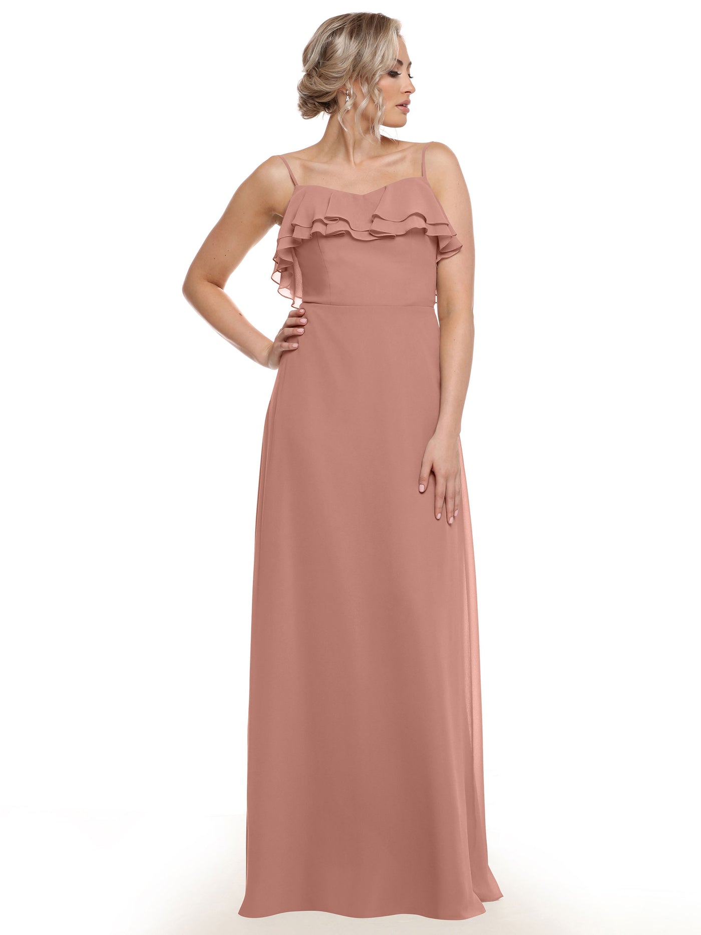 80146 - Sheath Chiffon Bridesmaid Dress with Ruffled Neckline
