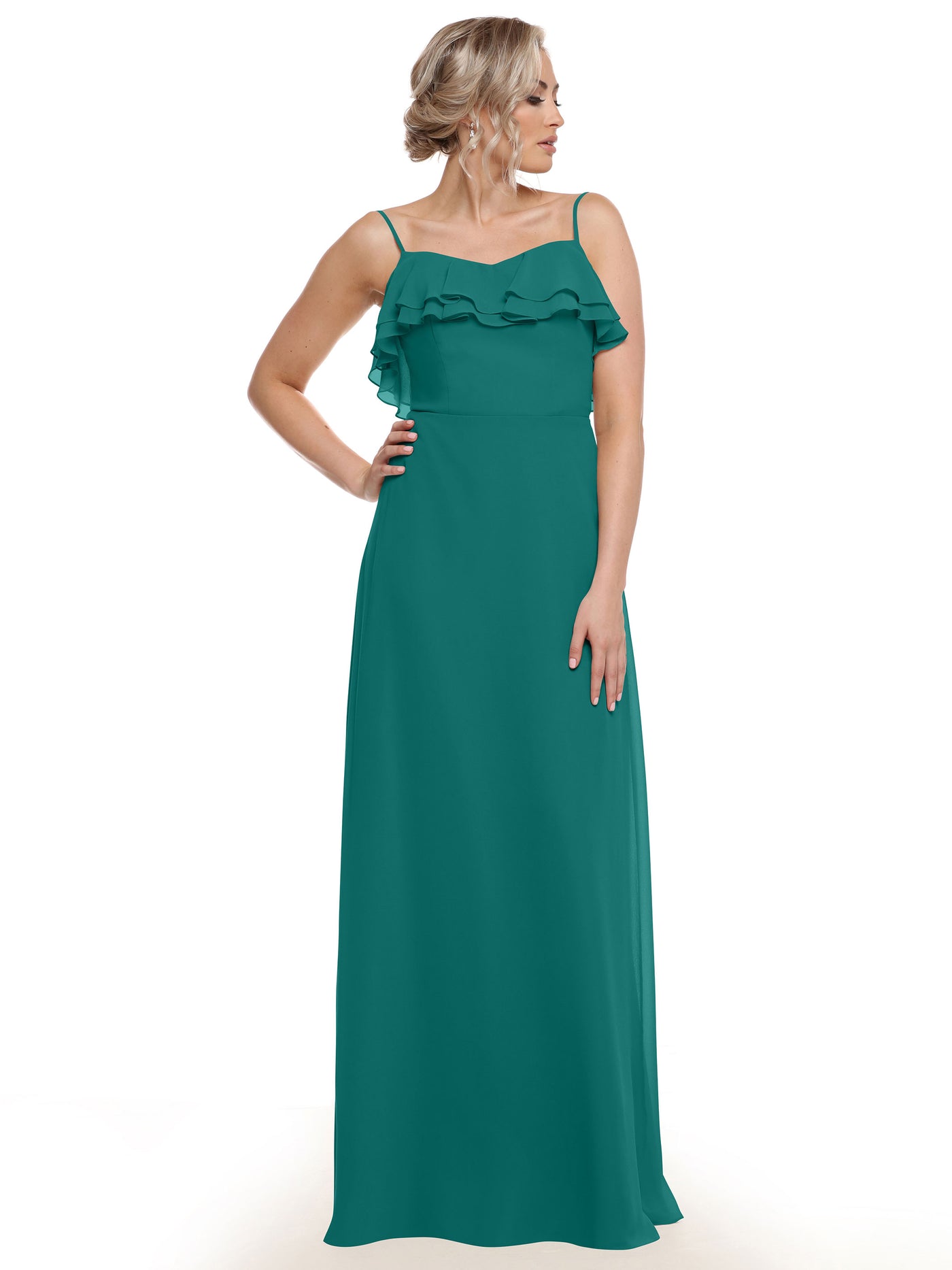 80146 - Sheath Chiffon Bridesmaid Dress with Ruffled Neckline