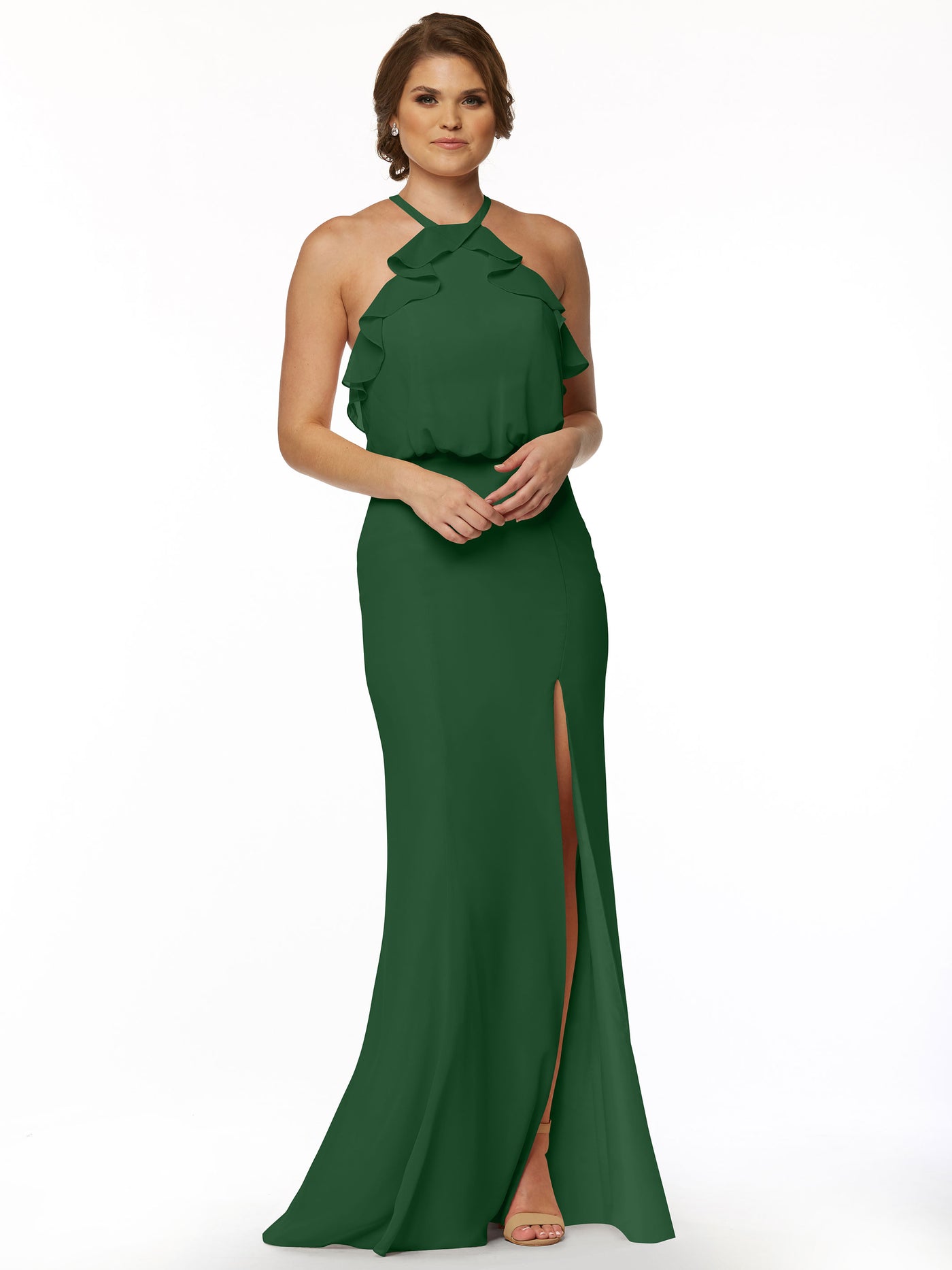 80147 - Fit and Flare Chiffon Bridesmaid Dress with Ruffled Neckline and Slit