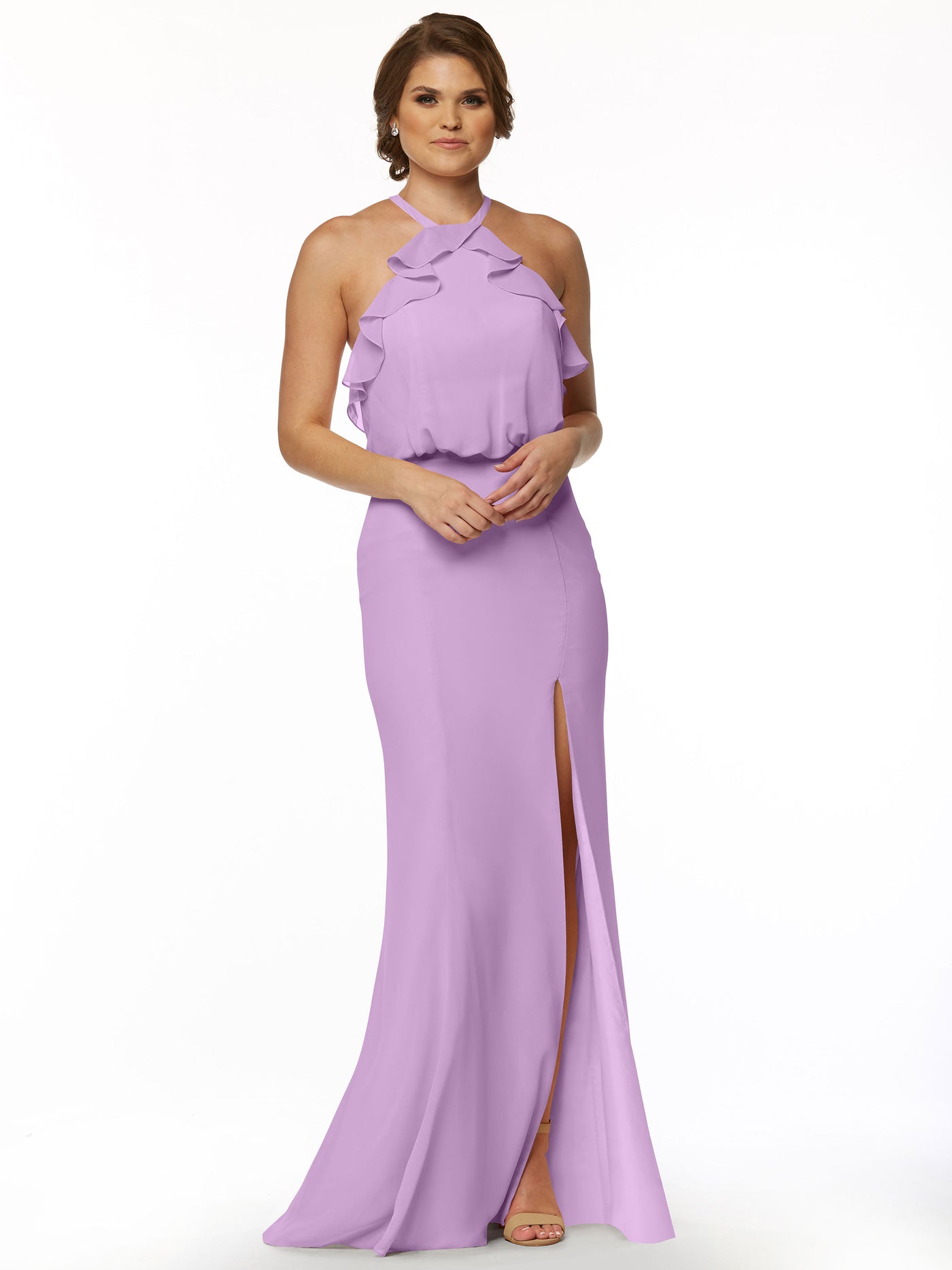 80147 - Fit and Flare Chiffon Bridesmaid Dress with Ruffled Neckline and Slit
