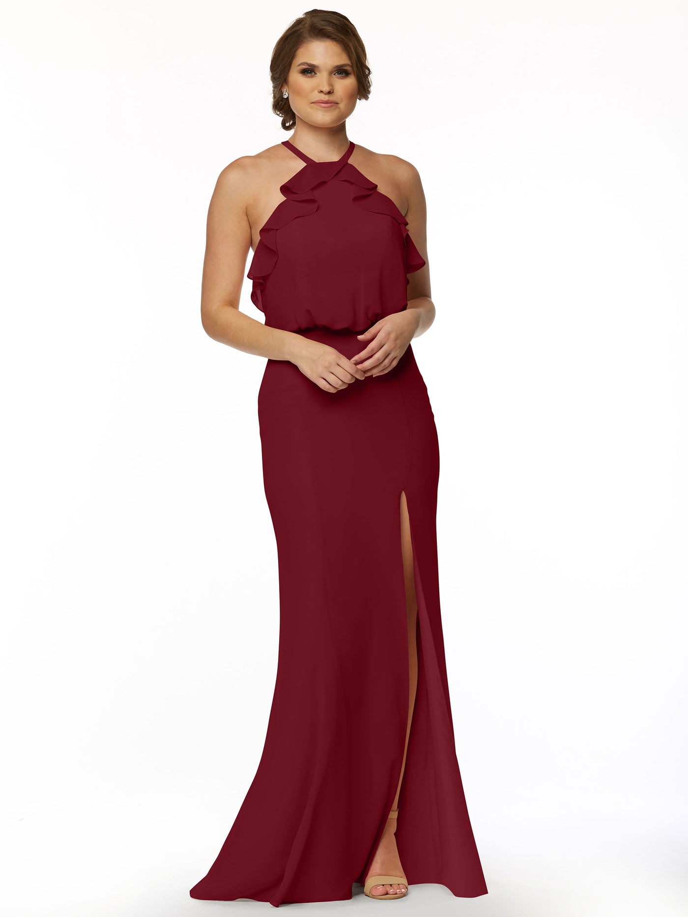 80147 - Fit and Flare Chiffon Bridesmaid Dress with Ruffled Neckline and Slit