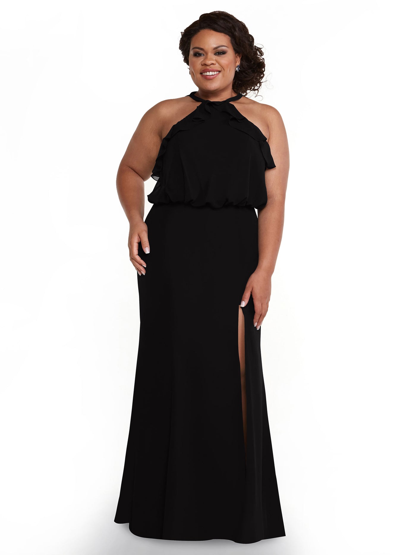 80147 - Fit and Flare Chiffon Bridesmaid Dress with Ruffled Neckline and Slit