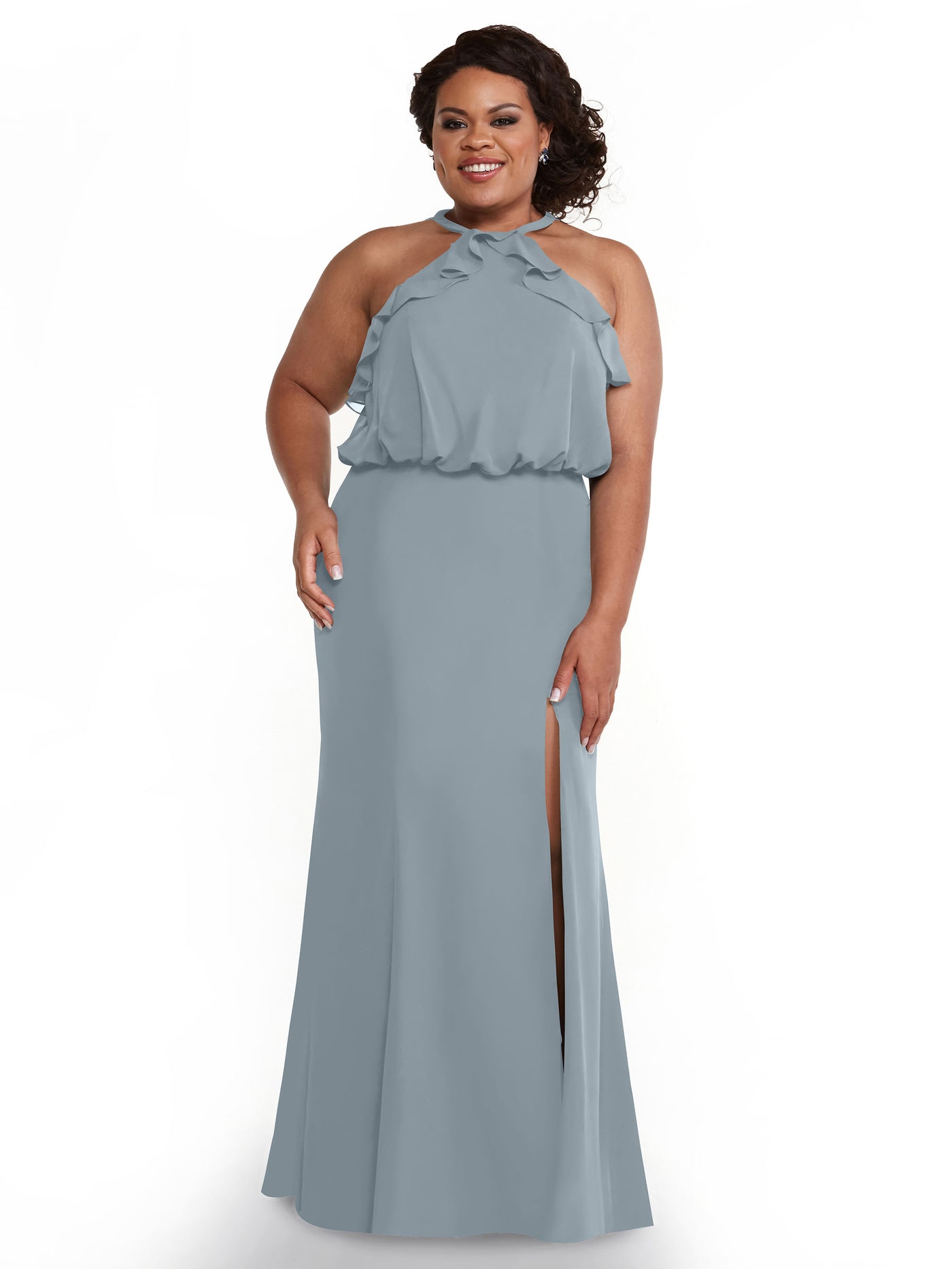80147 - Fit and Flare Chiffon Bridesmaid Dress with Ruffled Neckline and Slit