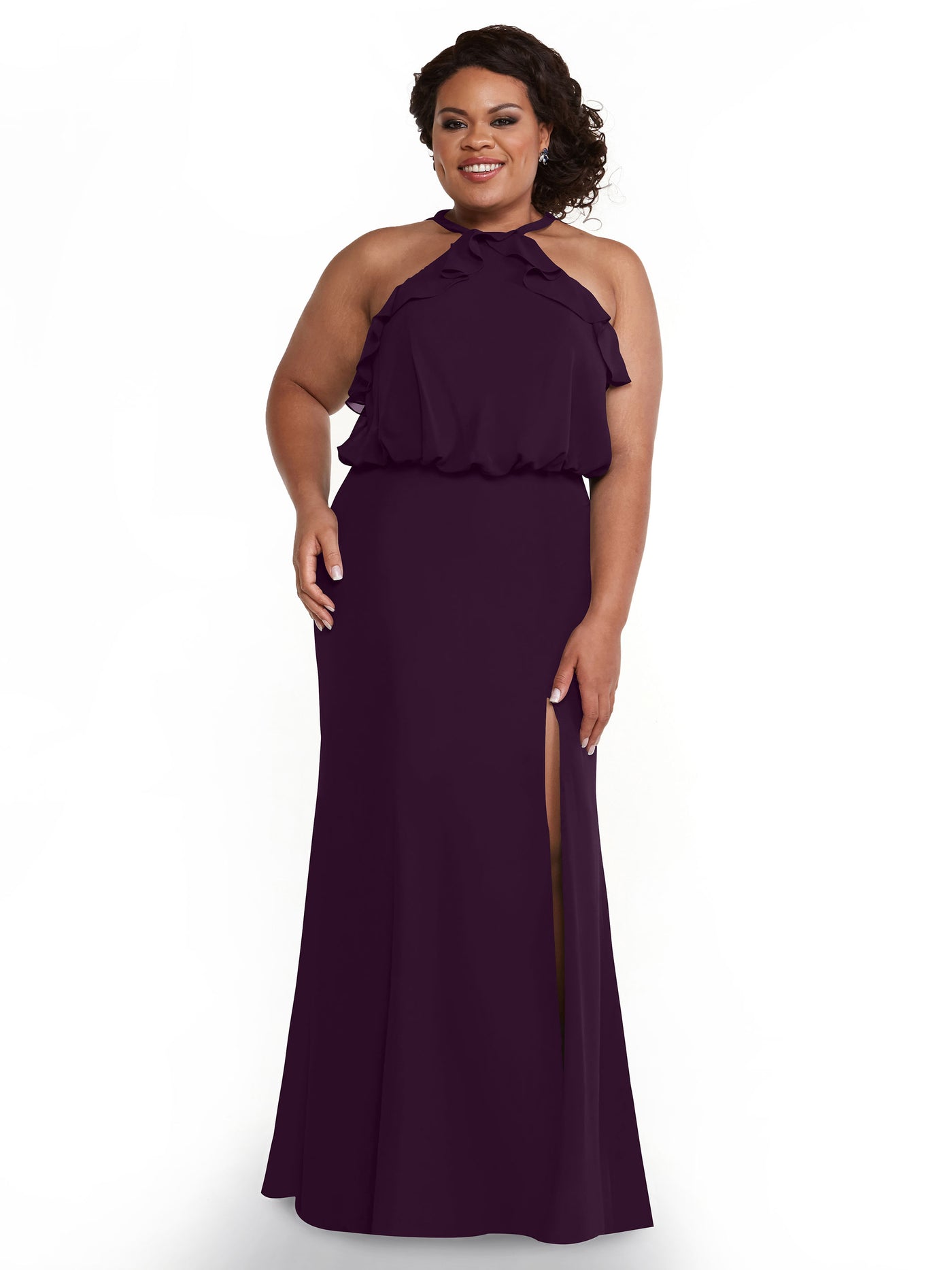 80147 - Fit and Flare Chiffon Bridesmaid Dress with Ruffled Neckline and Slit