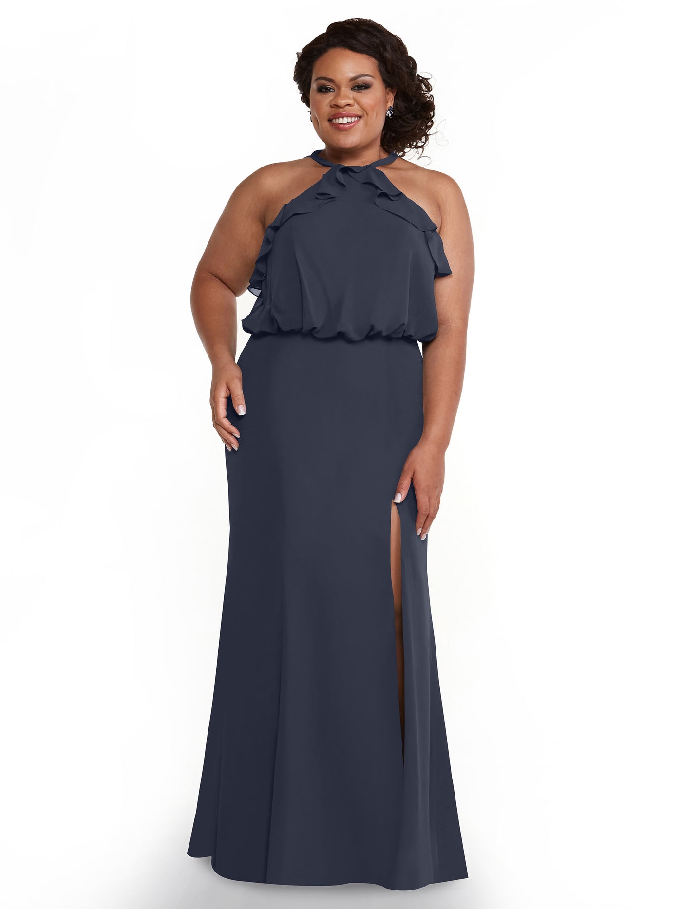80147 - Fit and Flare Chiffon Bridesmaid Dress with Ruffled Neckline and Slit
