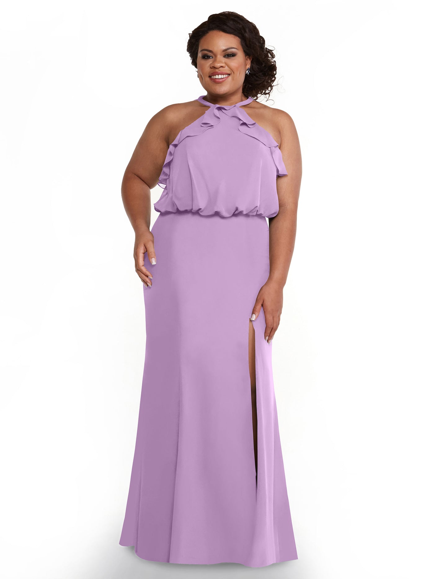 80147 - Fit and Flare Chiffon Bridesmaid Dress with Ruffled Neckline and Slit