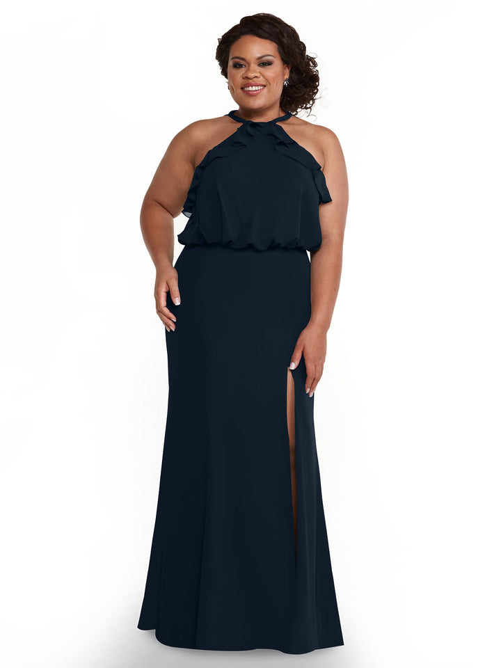A woman smiles against a white background wearing the Avery Austin TH-80147 navy blue chiffon dress, featuring a ruffled halter top and thigh-high side slit.