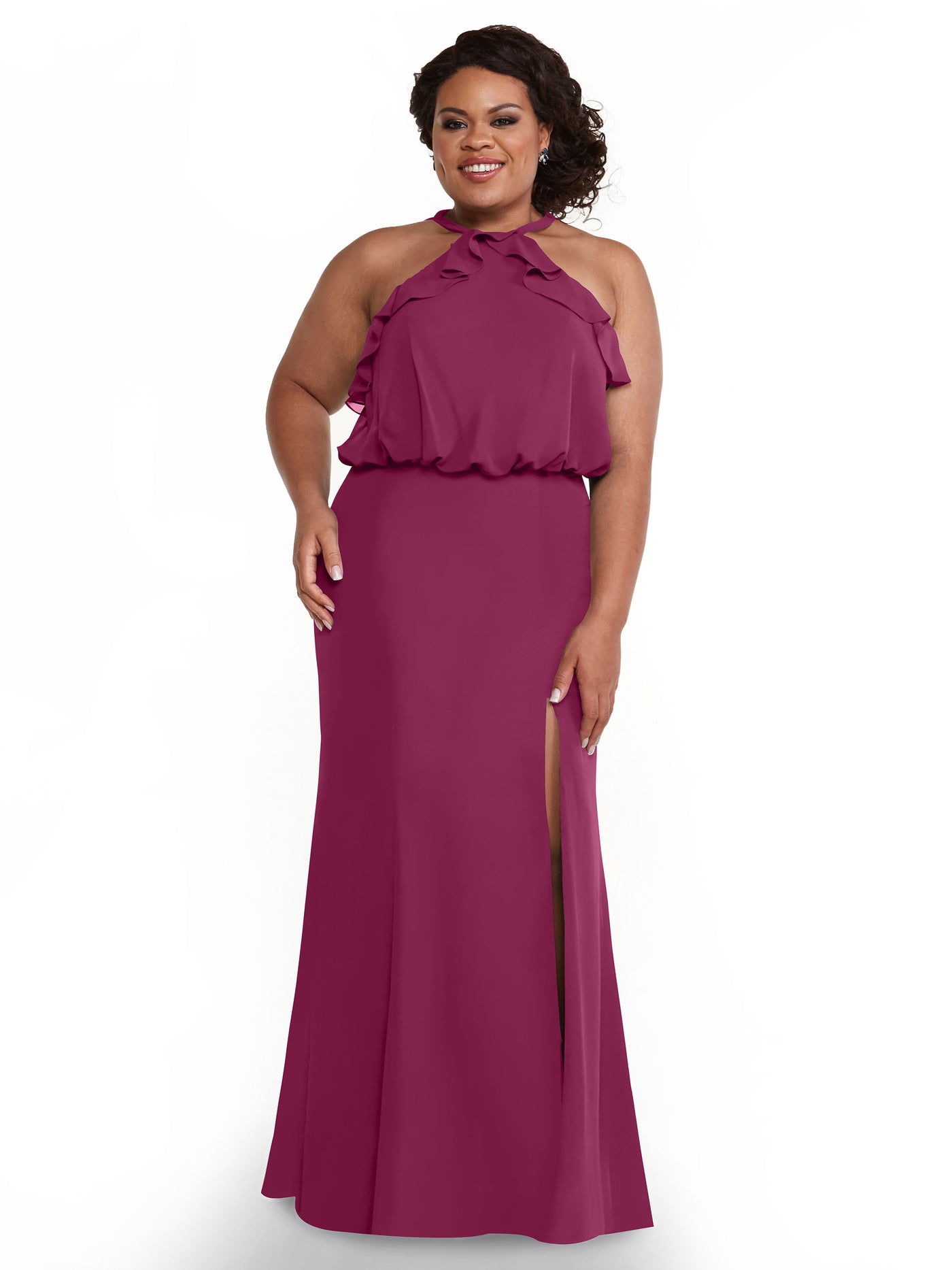 80147 - Fit and Flare Chiffon Bridesmaid Dress with Ruffled Neckline and Slit