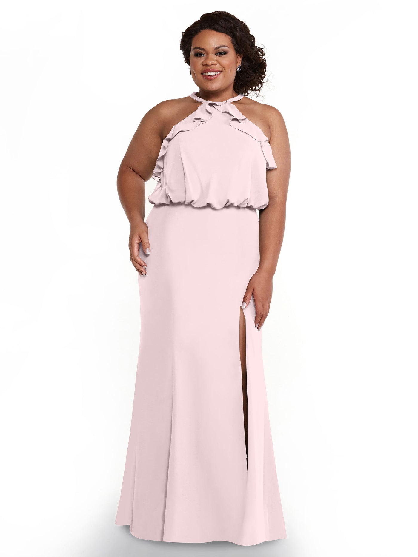 80147 - Fit and Flare Chiffon Bridesmaid Dress with Ruffled Neckline and Slit