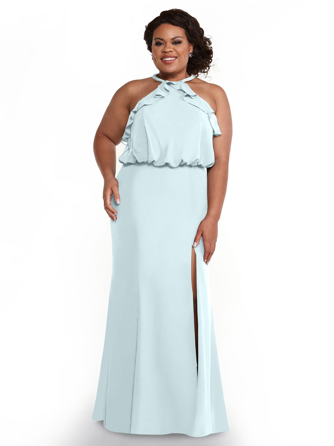 80147 - Fit and Flare Chiffon Bridesmaid Dress with Ruffled Neckline and Slit