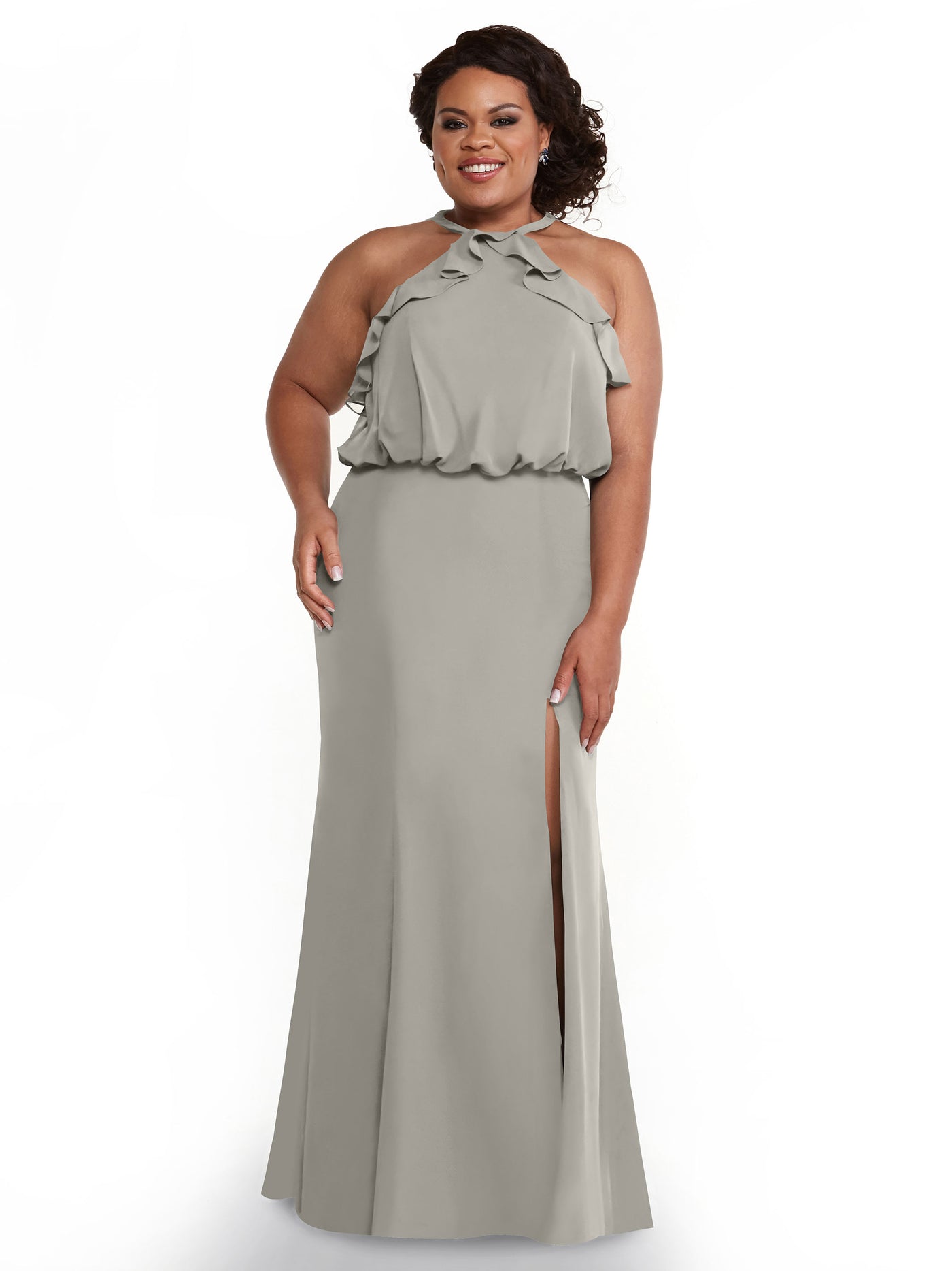 80147 - Fit and Flare Chiffon Bridesmaid Dress with Ruffled Neckline and Slit