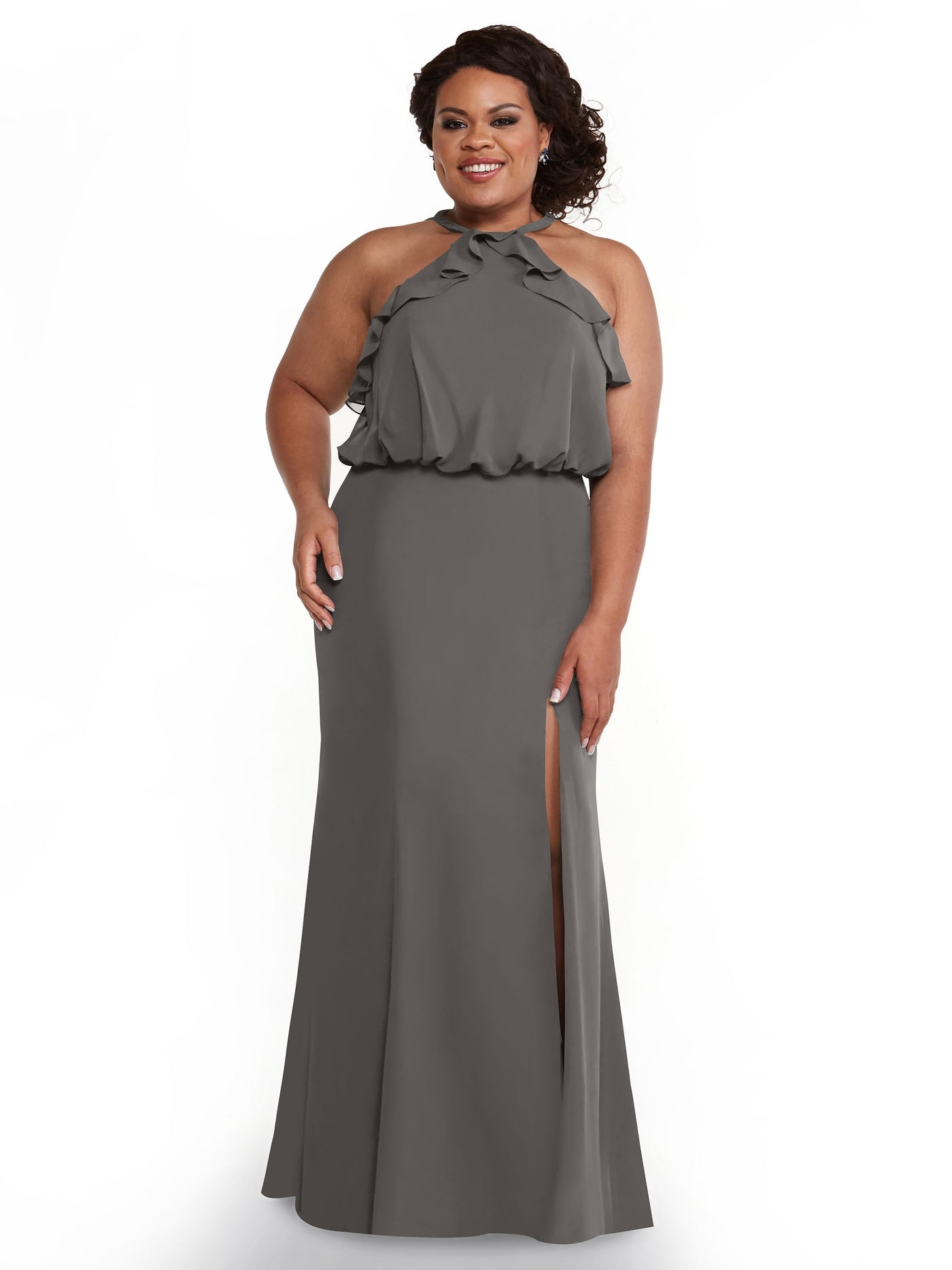 80147 - Fit and Flare Chiffon Bridesmaid Dress with Ruffled Neckline and Slit