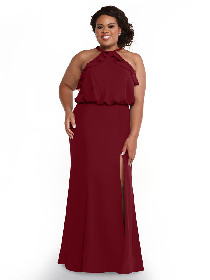 A woman models Avery Austin’s TH-80147, a sleeveless floor-length burgundy chiffon dress with a ruffled halter top and side slit, smiling against a white background.