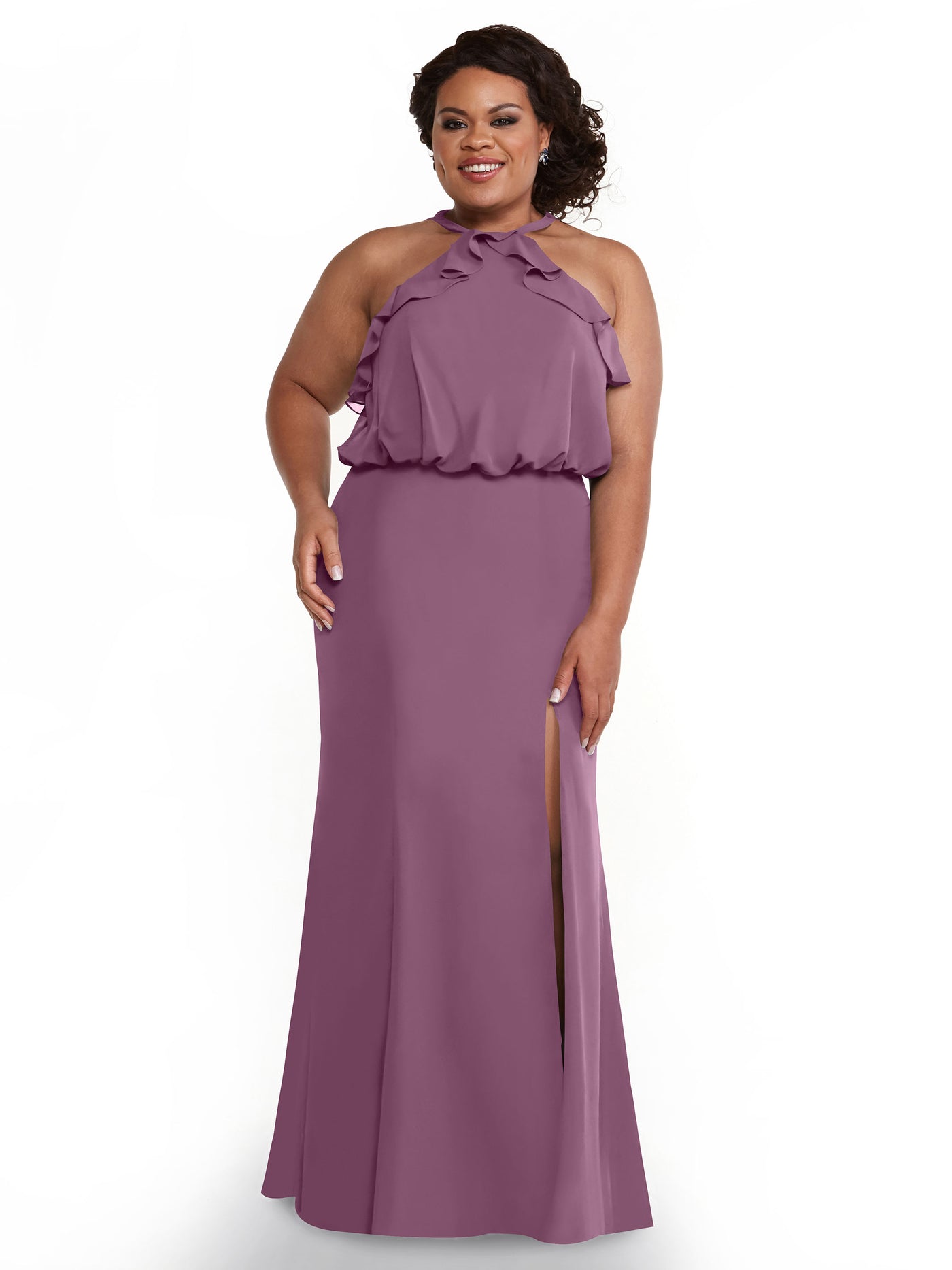 80147 - Fit and Flare Chiffon Bridesmaid Dress with Ruffled Neckline and Slit