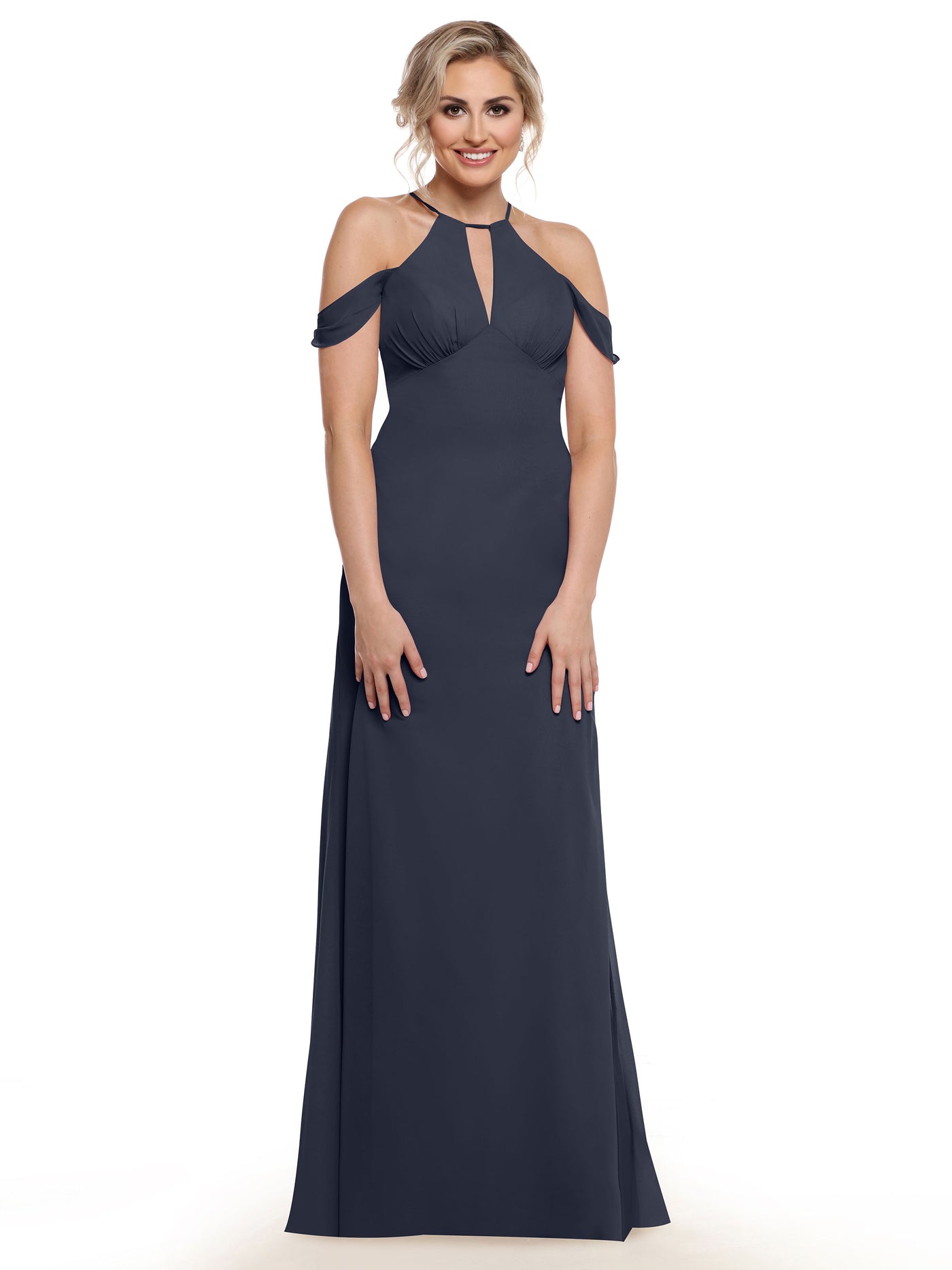 80148 - Off-the-Shoulder Chiffon Bridesmaid Dress with Halter Neckline