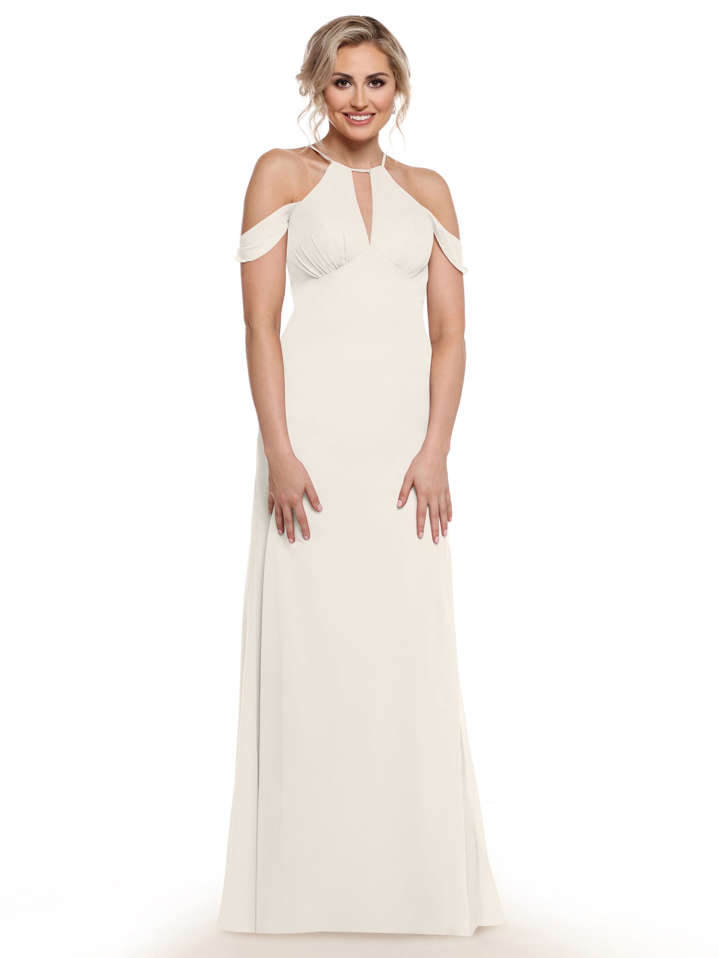 80148 - Off-the-Shoulder Chiffon Bridesmaid Dress with Halter Neckline