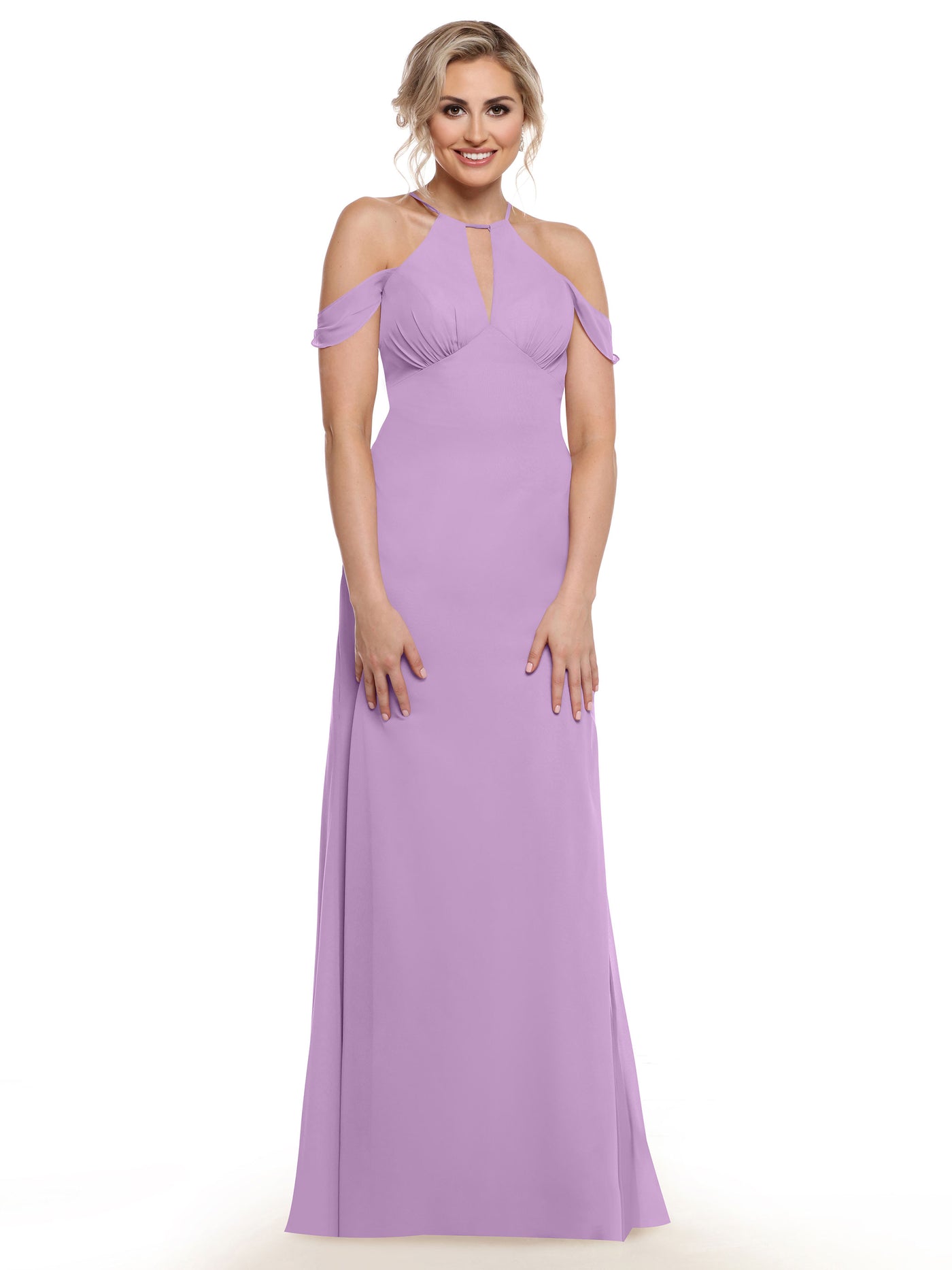 80148 - Off-the-Shoulder Chiffon Bridesmaid Dress with Halter Neckline