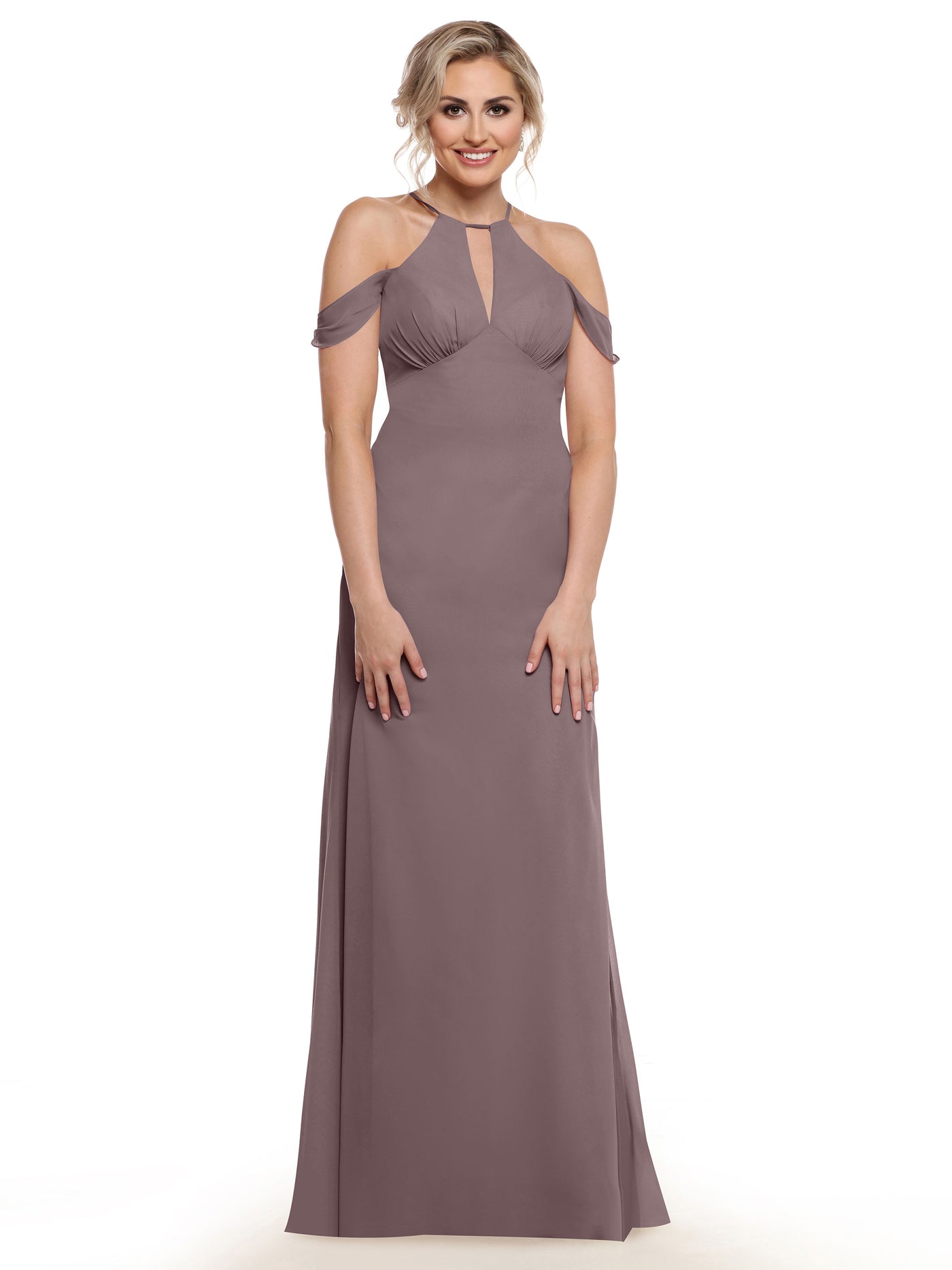 80148 - Off-the-Shoulder Chiffon Bridesmaid Dress with Halter Neckline