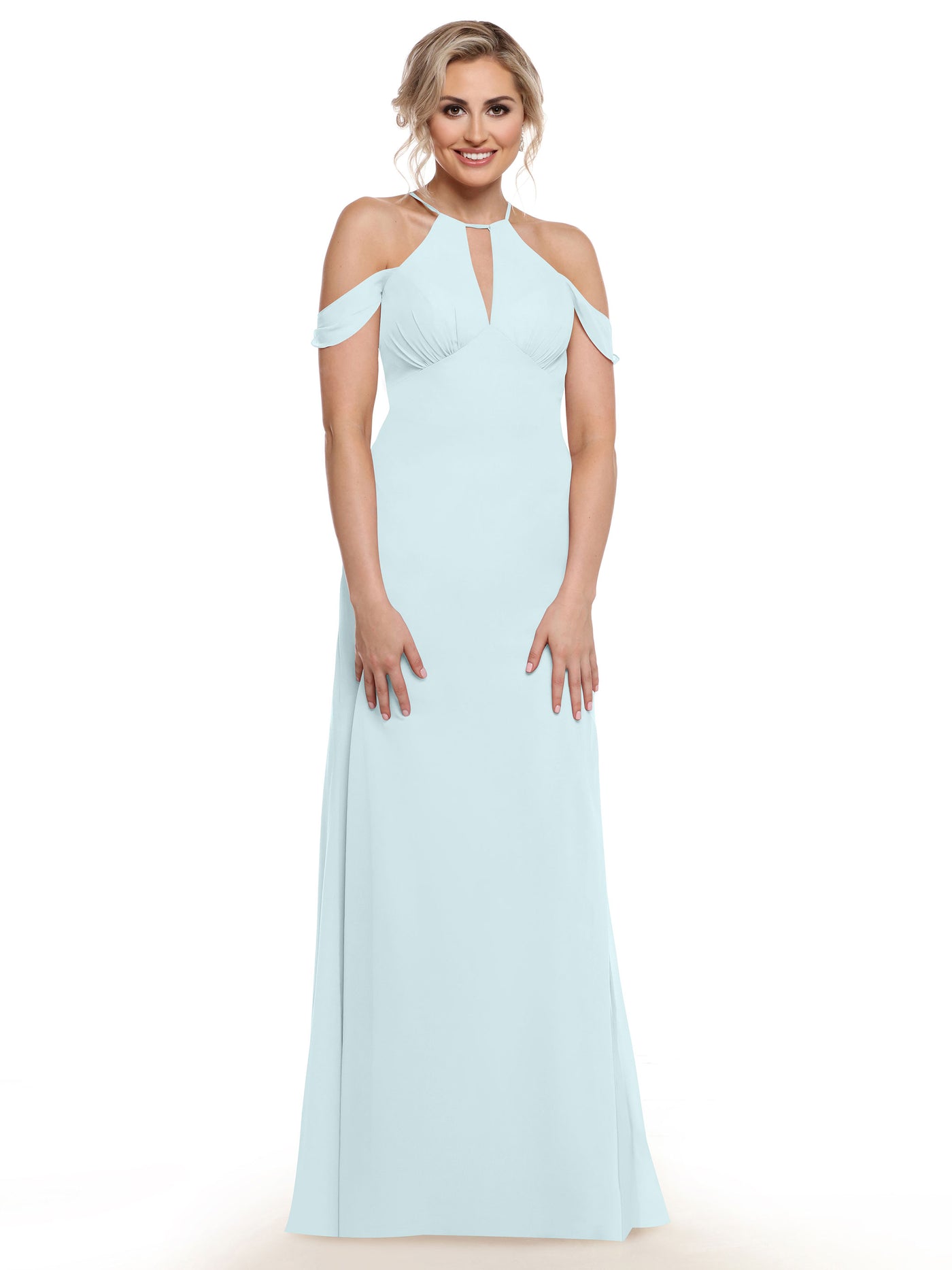 80148 - Off-the-Shoulder Chiffon Bridesmaid Dress with Halter Neckline