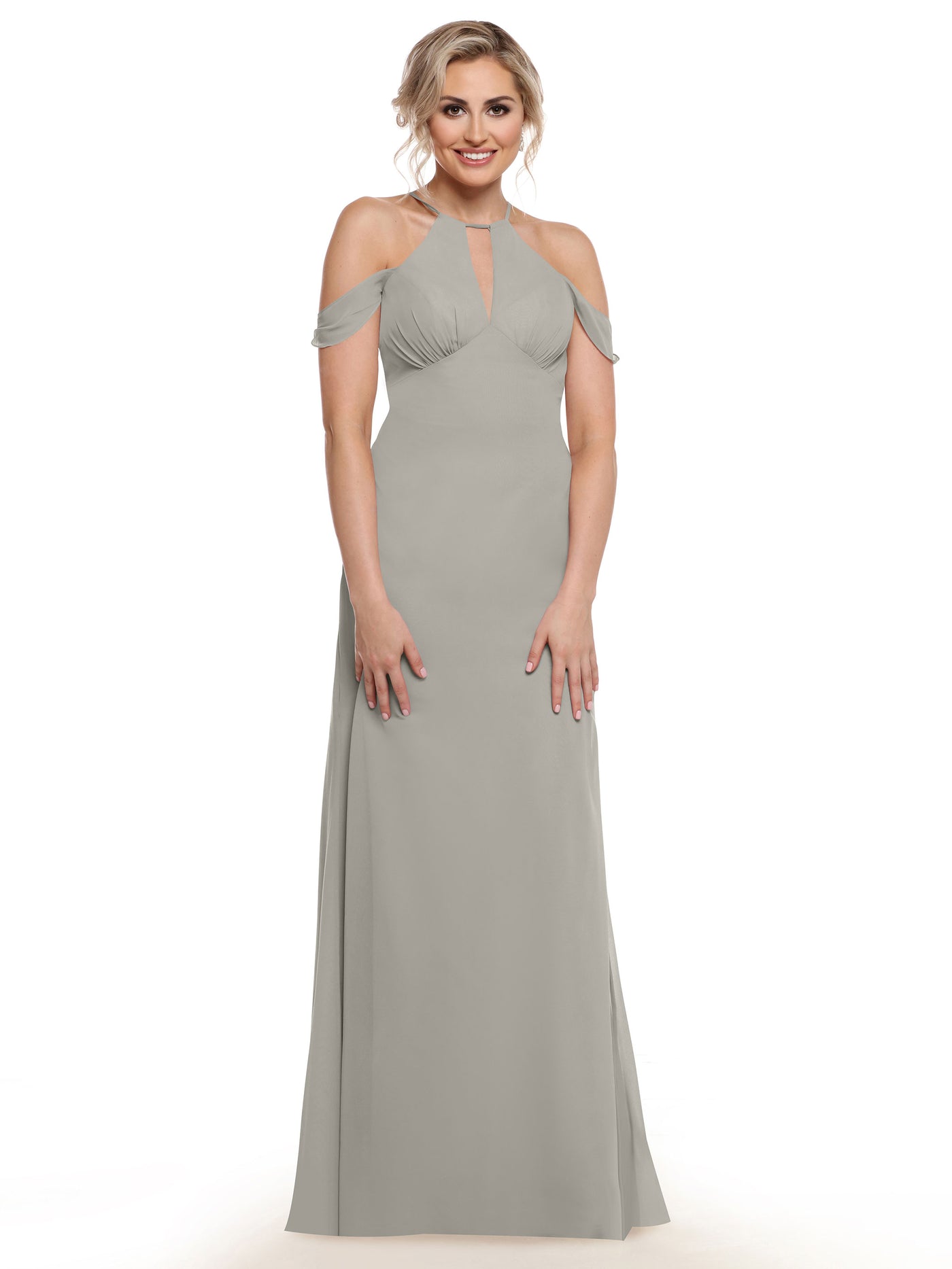 80148 - Off-the-Shoulder Chiffon Bridesmaid Dress with Halter Neckline