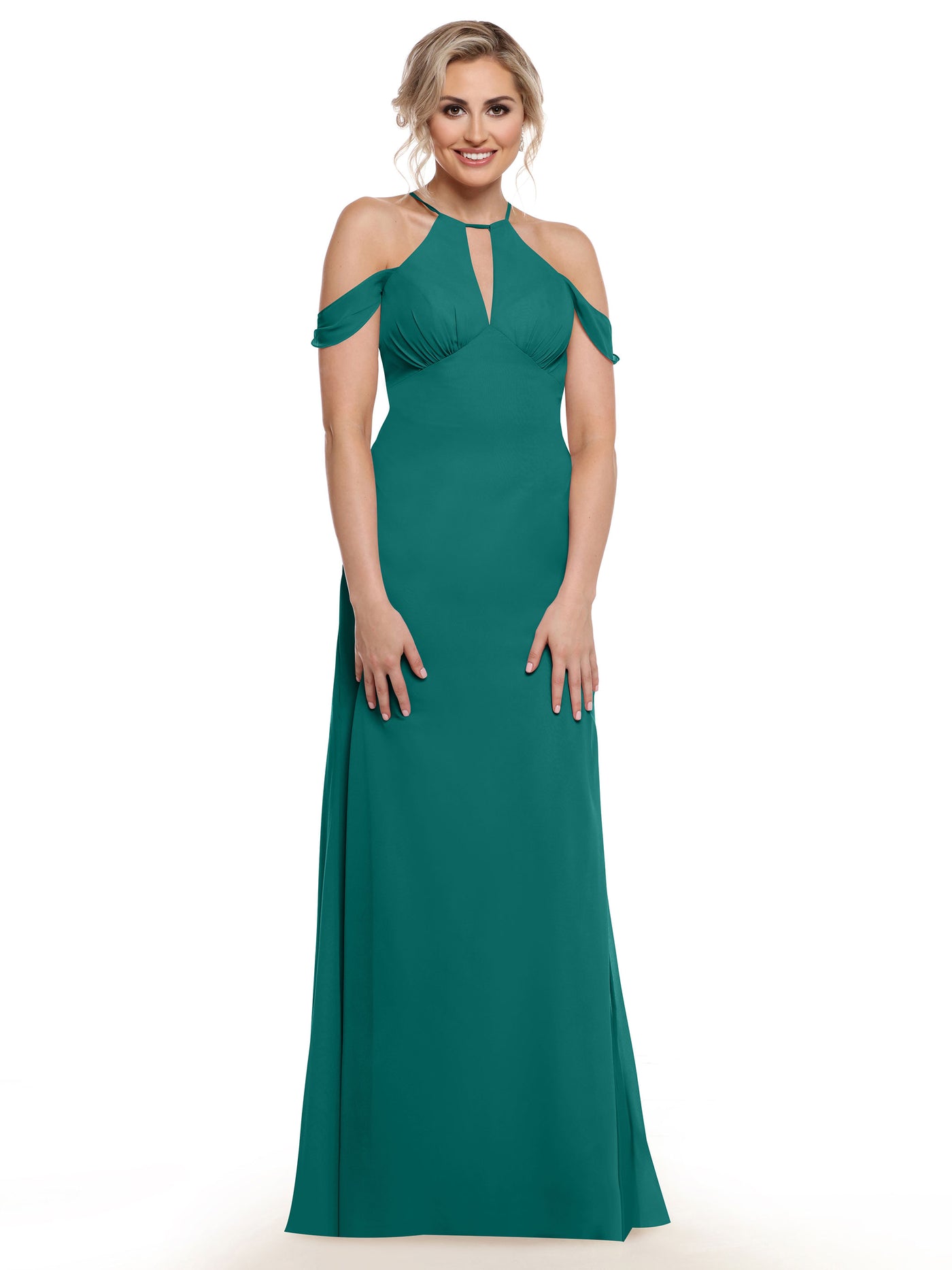 80148 - Off-the-Shoulder Chiffon Bridesmaid Dress with Halter Neckline
