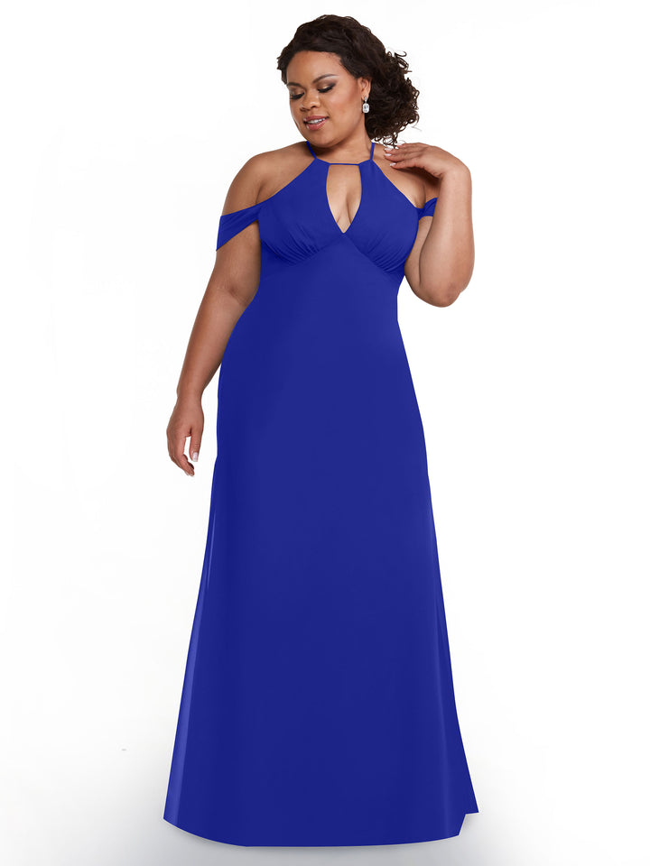 A woman wears the Avery Austin 80148, a royal blue, floor-length off-the-shoulder dress with a keyhole neckline, standing against a white background and looking down as she gently touches her neck.