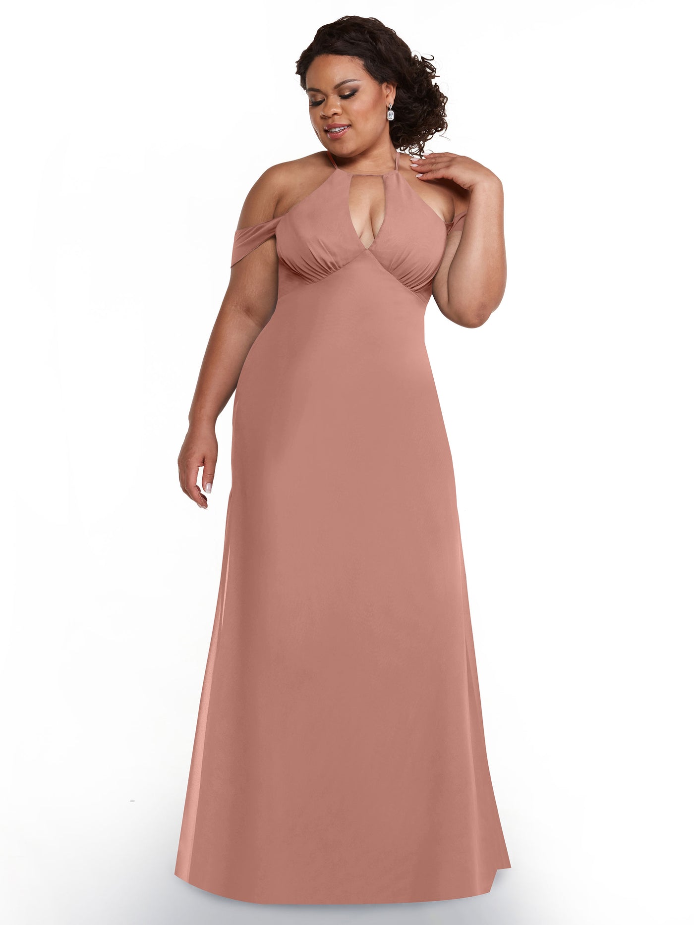 80148 - Off-the-Shoulder Chiffon Bridesmaid Dress with Halter Neckline