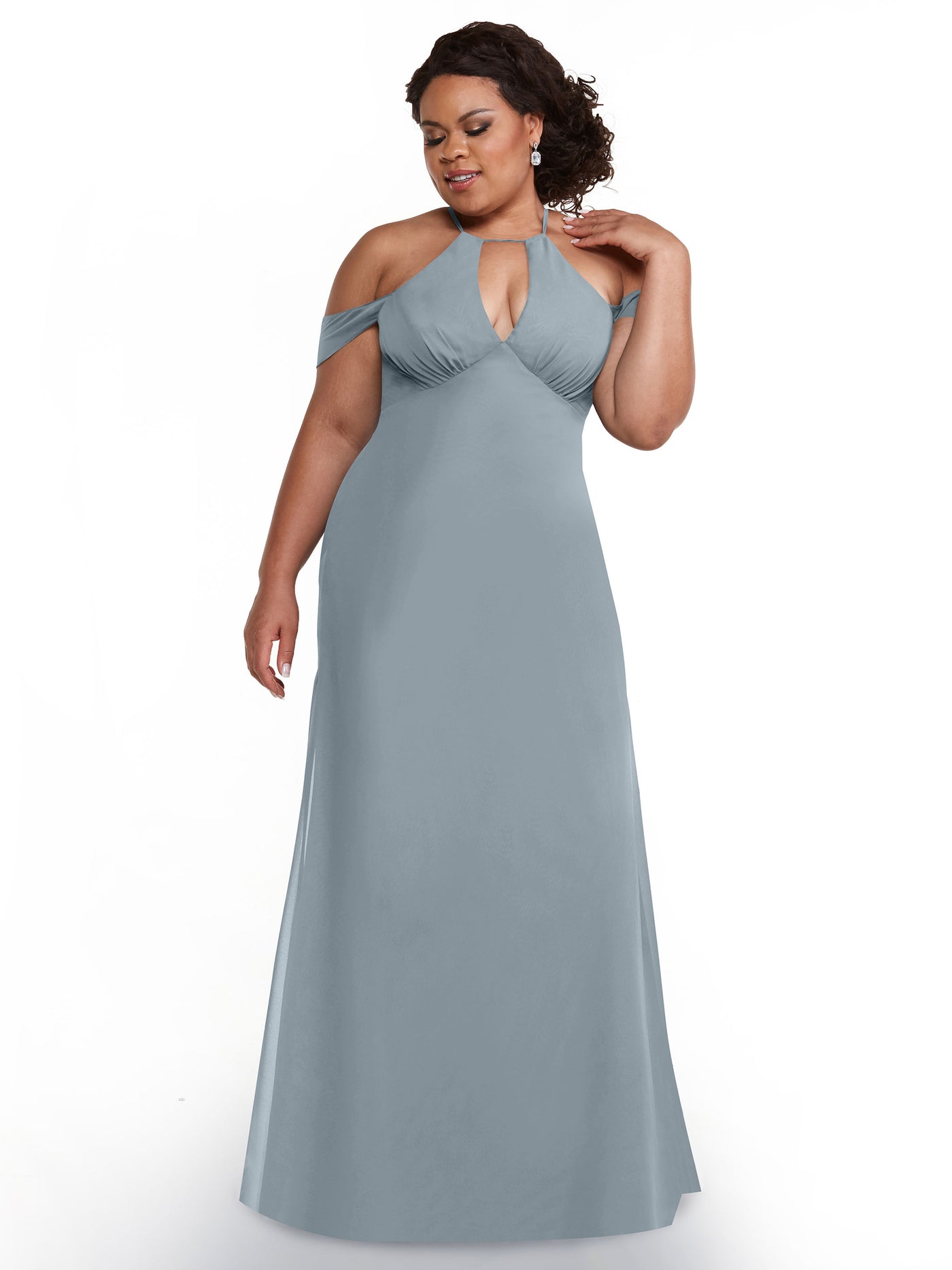 80148 - Off-the-Shoulder Chiffon Bridesmaid Dress with Halter Neckline