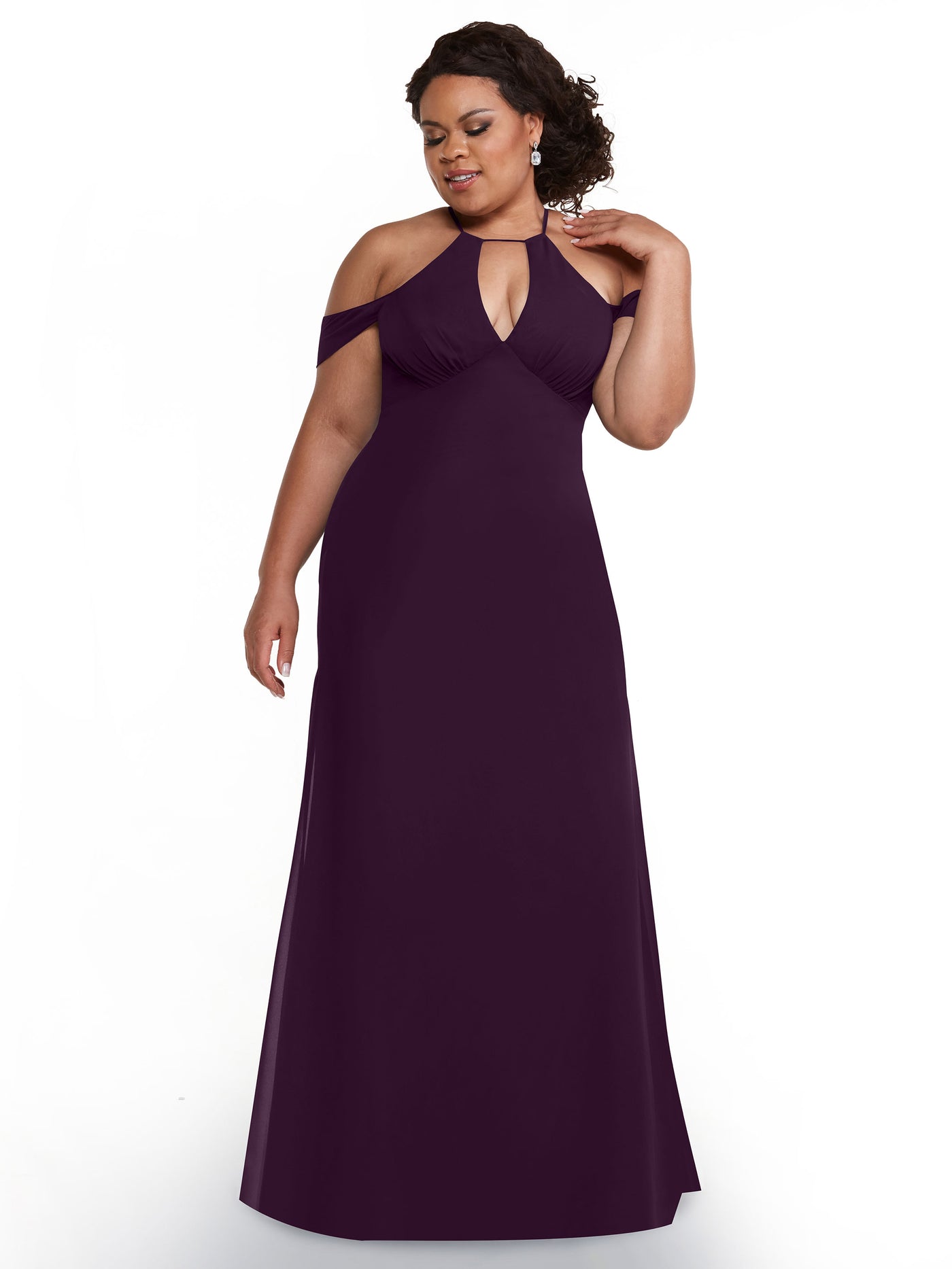 80148 - Off-the-Shoulder Chiffon Bridesmaid Dress with Halter Neckline