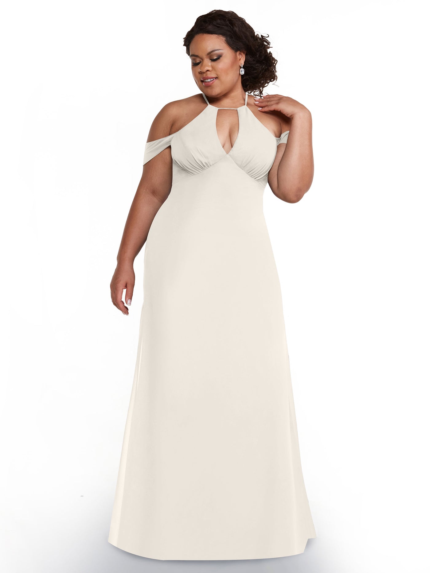 80148 - Off-the-Shoulder Chiffon Bridesmaid Dress with Halter Neckline