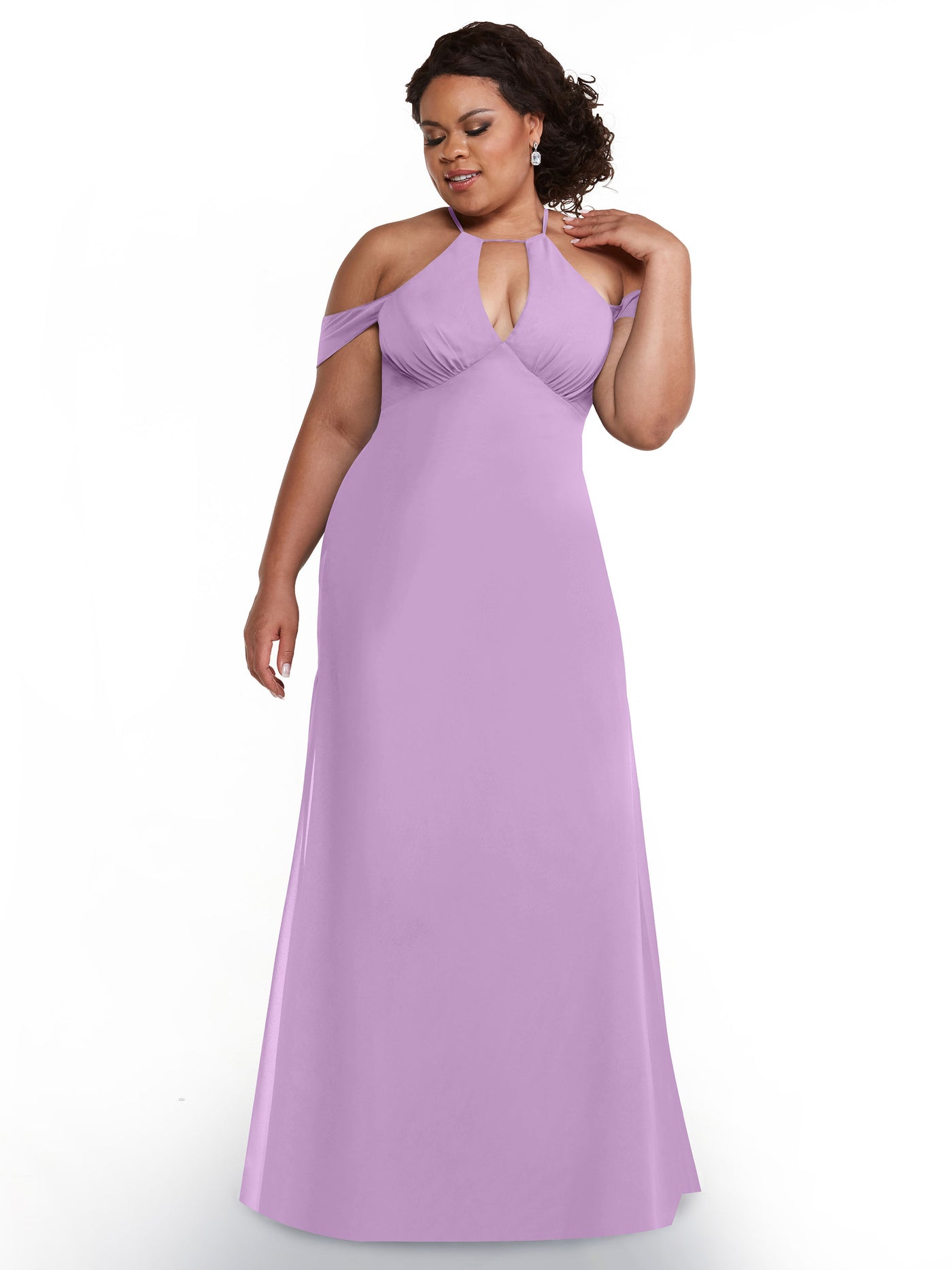 80148 - Off-the-Shoulder Chiffon Bridesmaid Dress with Halter Neckline