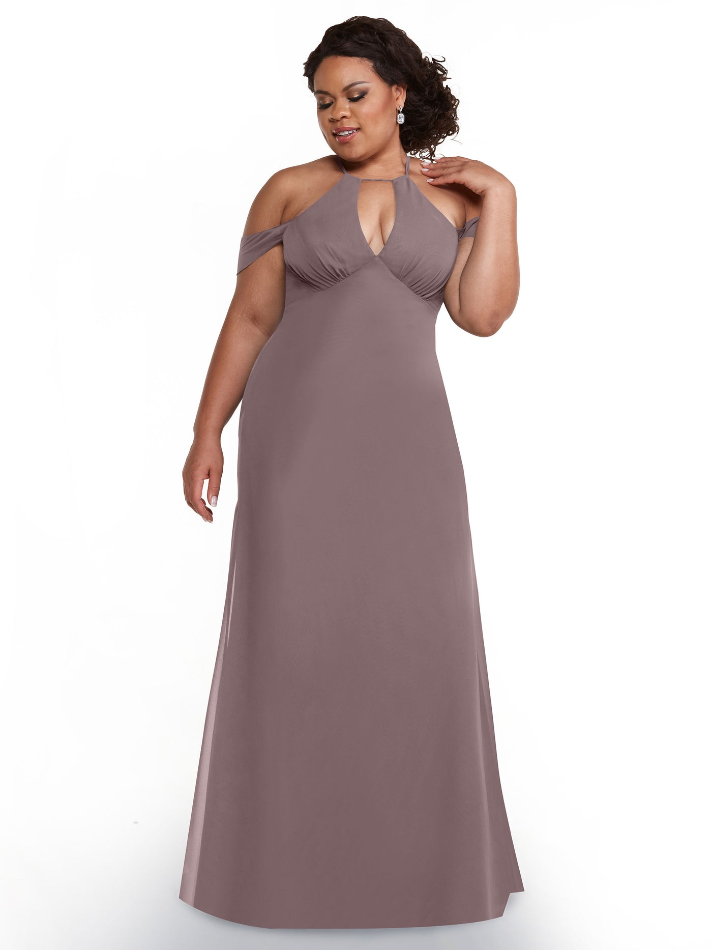 80148 - Off-the-Shoulder Chiffon Bridesmaid Dress with Halter Neckline
