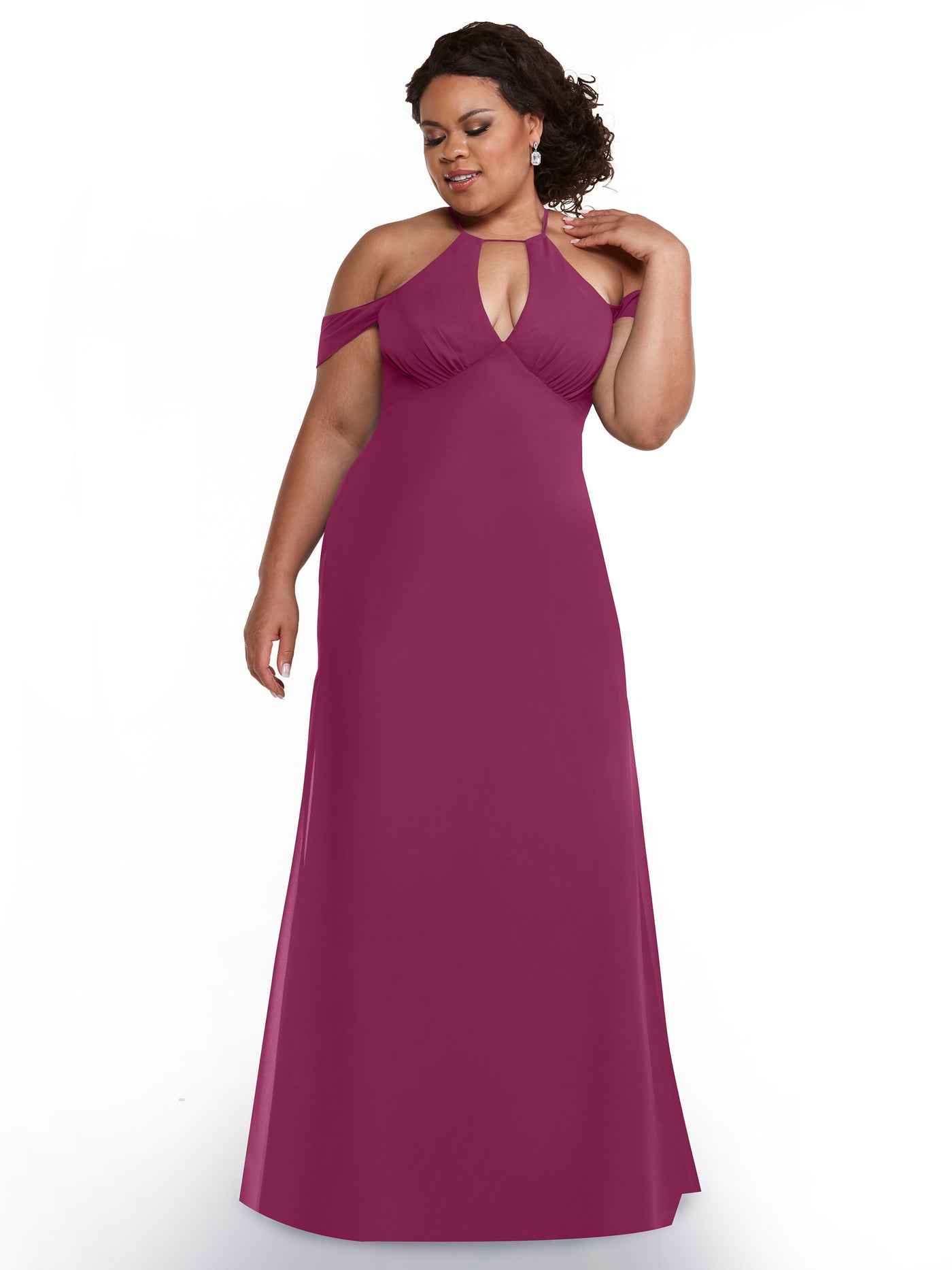 80148 - Off-the-Shoulder Chiffon Bridesmaid Dress with Halter Neckline
