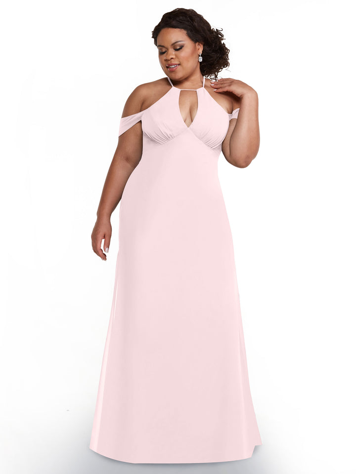 A woman models the Avery Austin TH-80148, a pale pink, floor-length chiffon dress with an off-the-shoulder halter neckline, posing against a white background and gently touching her neck.