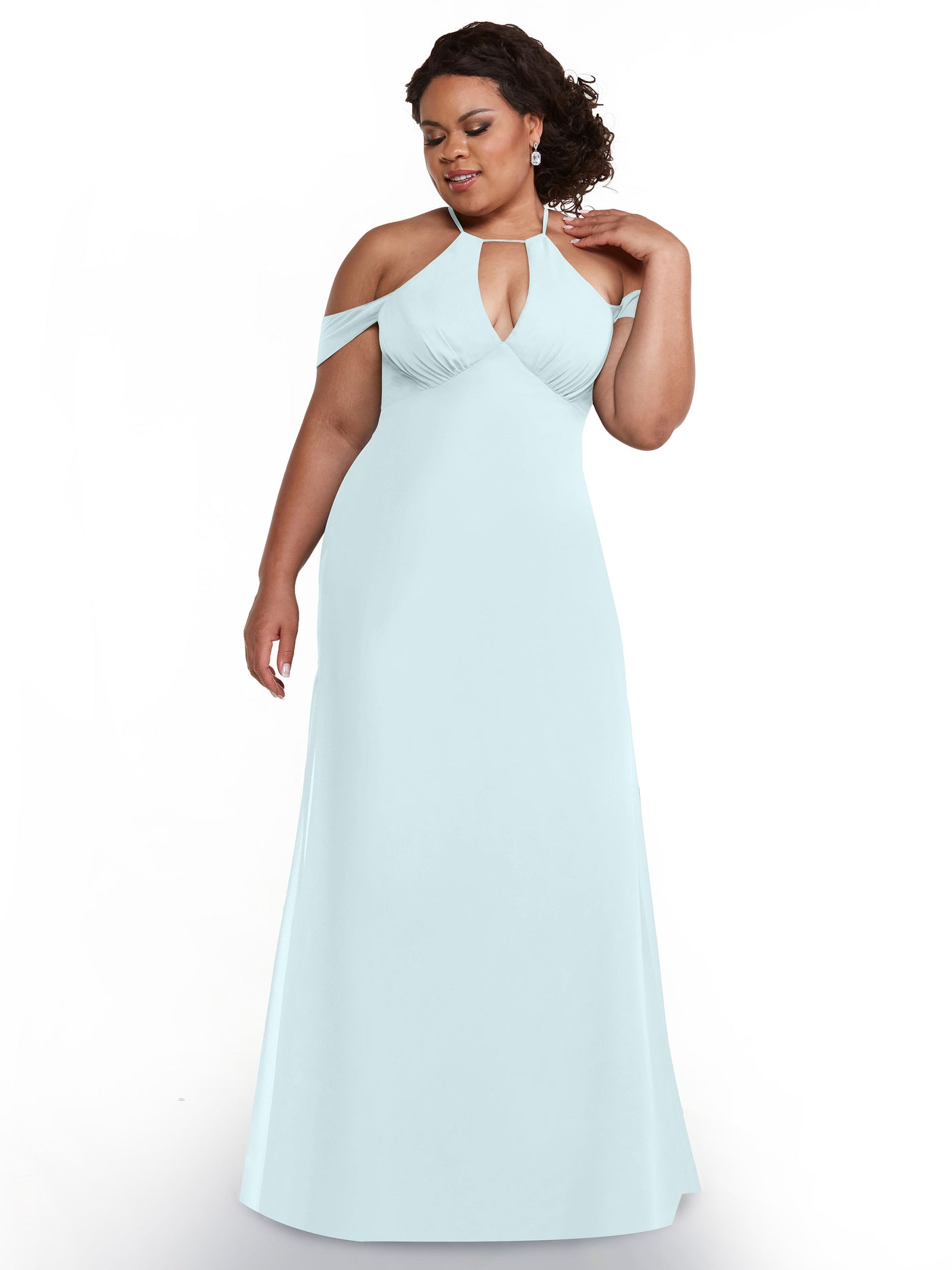 80148 - Off-the-Shoulder Chiffon Bridesmaid Dress with Halter Neckline