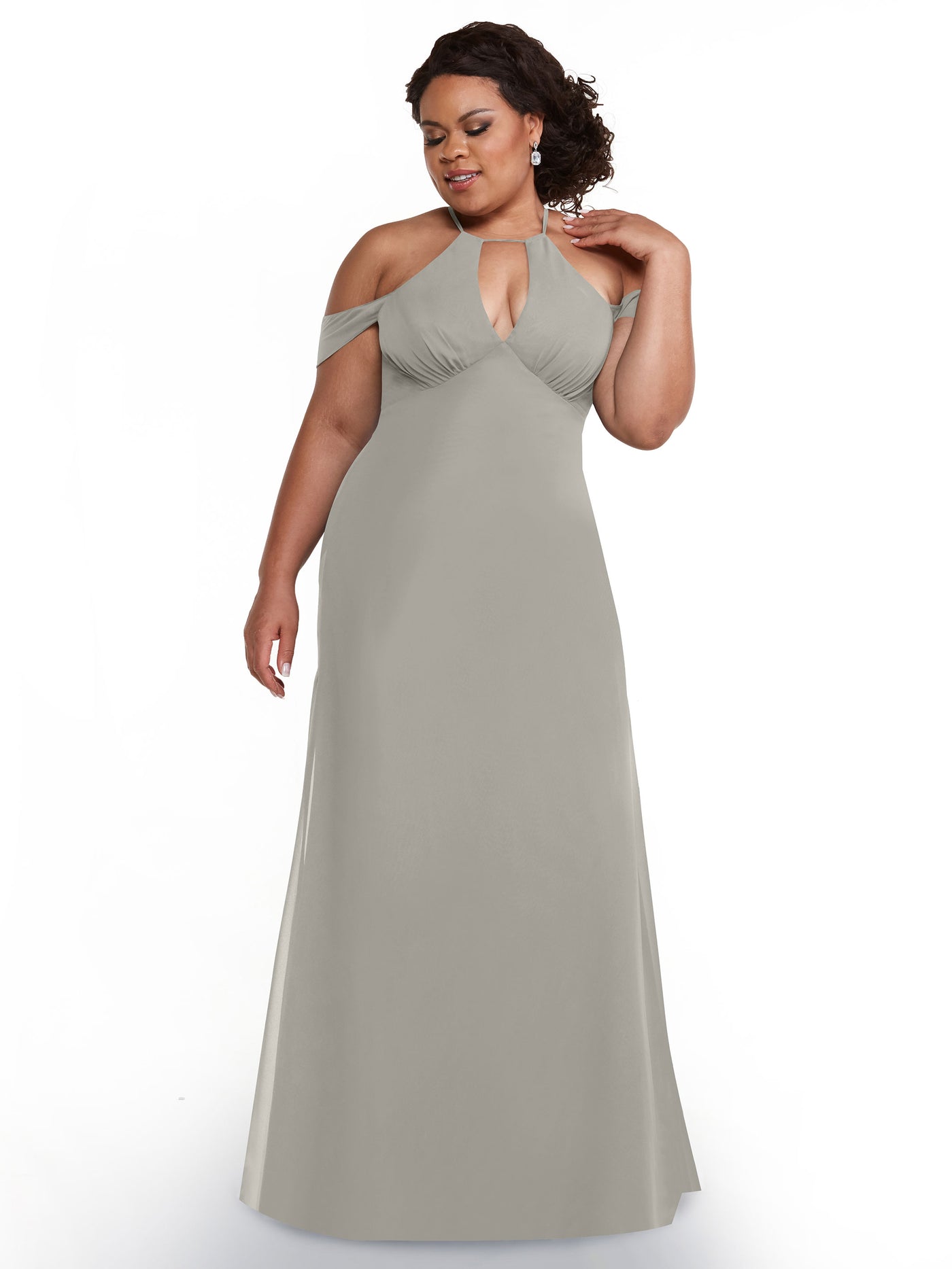 80148 - Off-the-Shoulder Chiffon Bridesmaid Dress with Halter Neckline