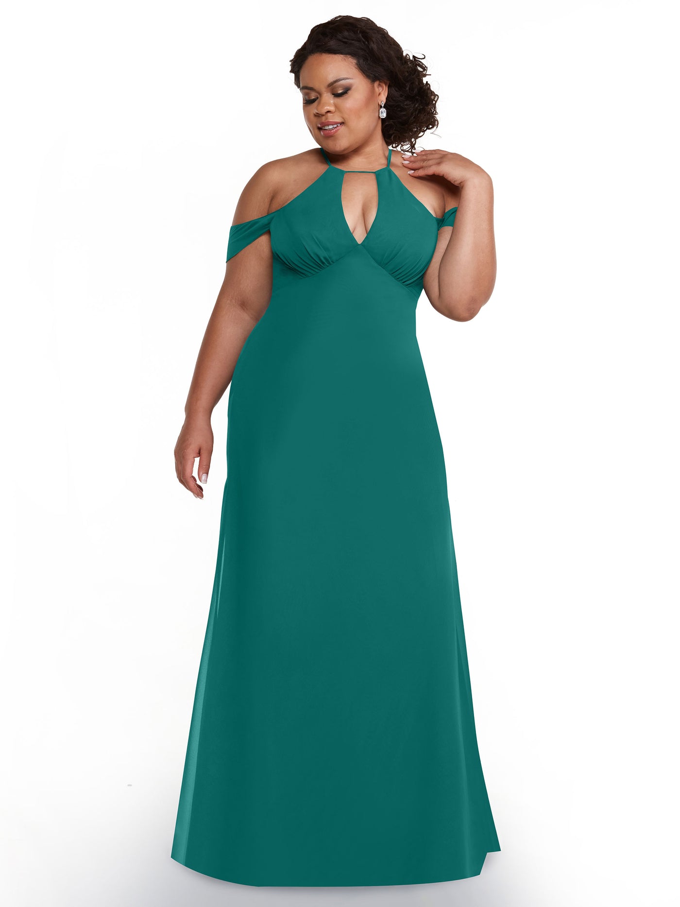 80148 - Off-the-Shoulder Chiffon Bridesmaid Dress with Halter Neckline