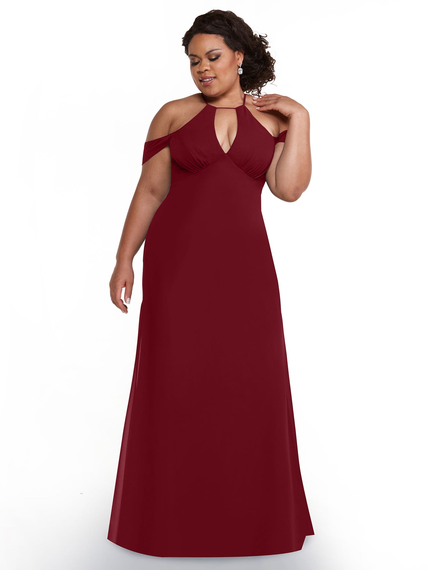 80148 - Off-the-Shoulder Chiffon Bridesmaid Dress with Halter Neckline