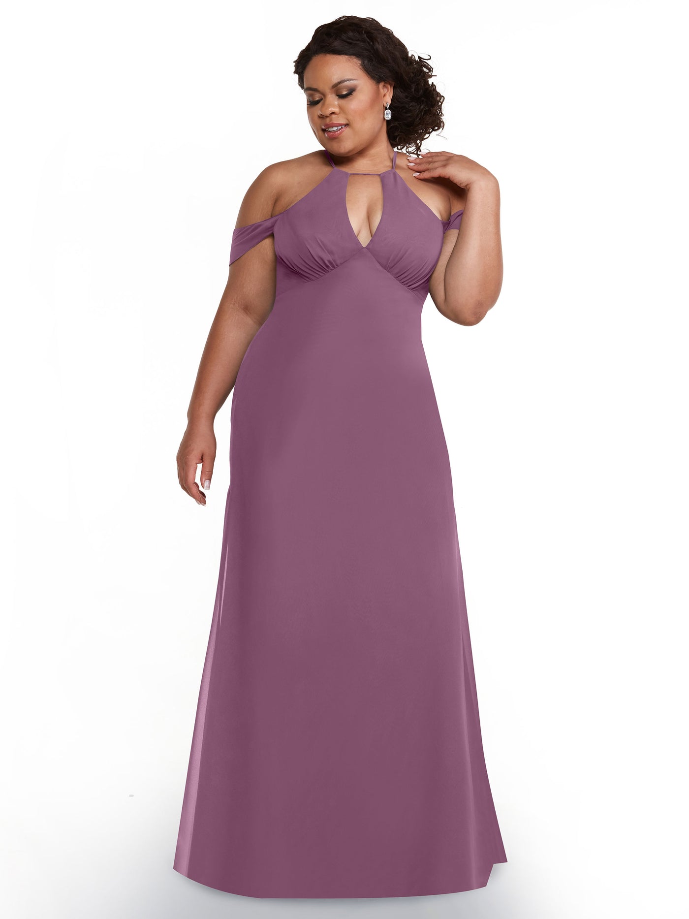 80148 - Off-the-Shoulder Chiffon Bridesmaid Dress with Halter Neckline