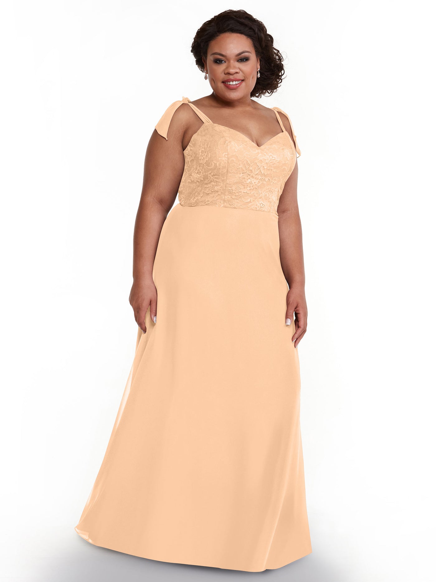 80149 - A-Line Bridesmaid Dress with Lace Bodice and Tulle Ribbon Straps