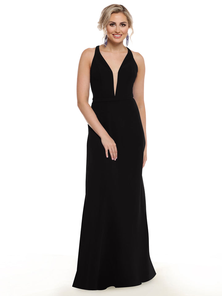 A woman with blonde hair in an updo models Avery Austin’s 80150, a sleeveless, floor-length black dress with a plunging neckline. She smiles against a plain white background and completes the look with dangling earrings.
