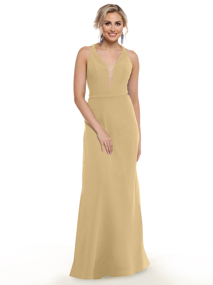 A woman models the Avery Austin TH-80150, a sleeveless, floor-length light beige evening gown with a plunging neckline, styled with updo hair and drop earrings against a plain white background.