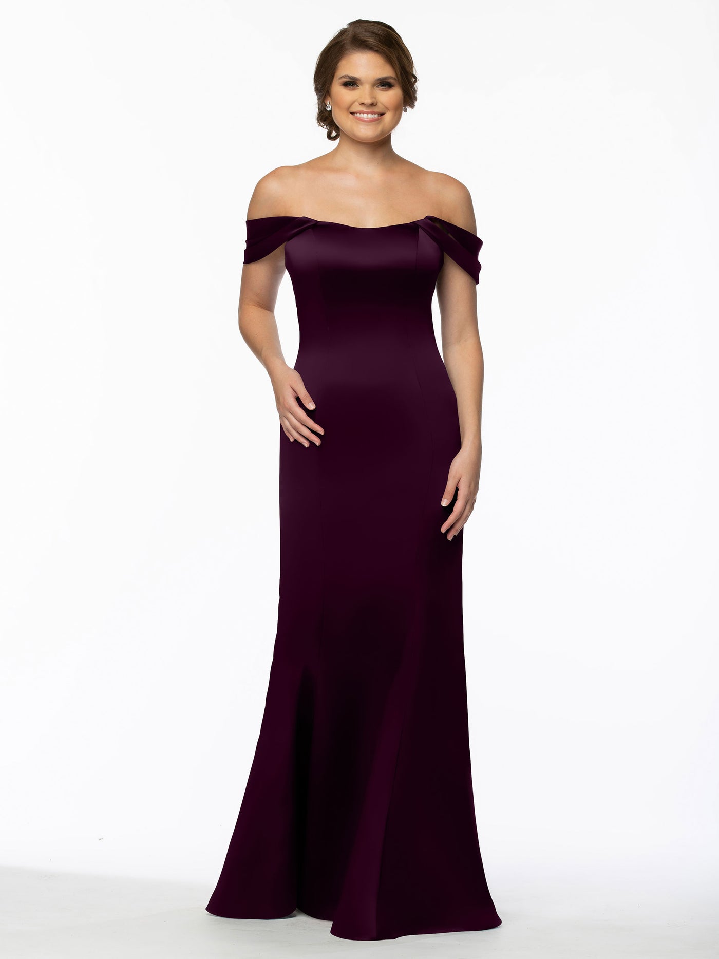 80151 - Fitted Satin Bridesmaid Dress with Off-the-Shoulder Sleeve