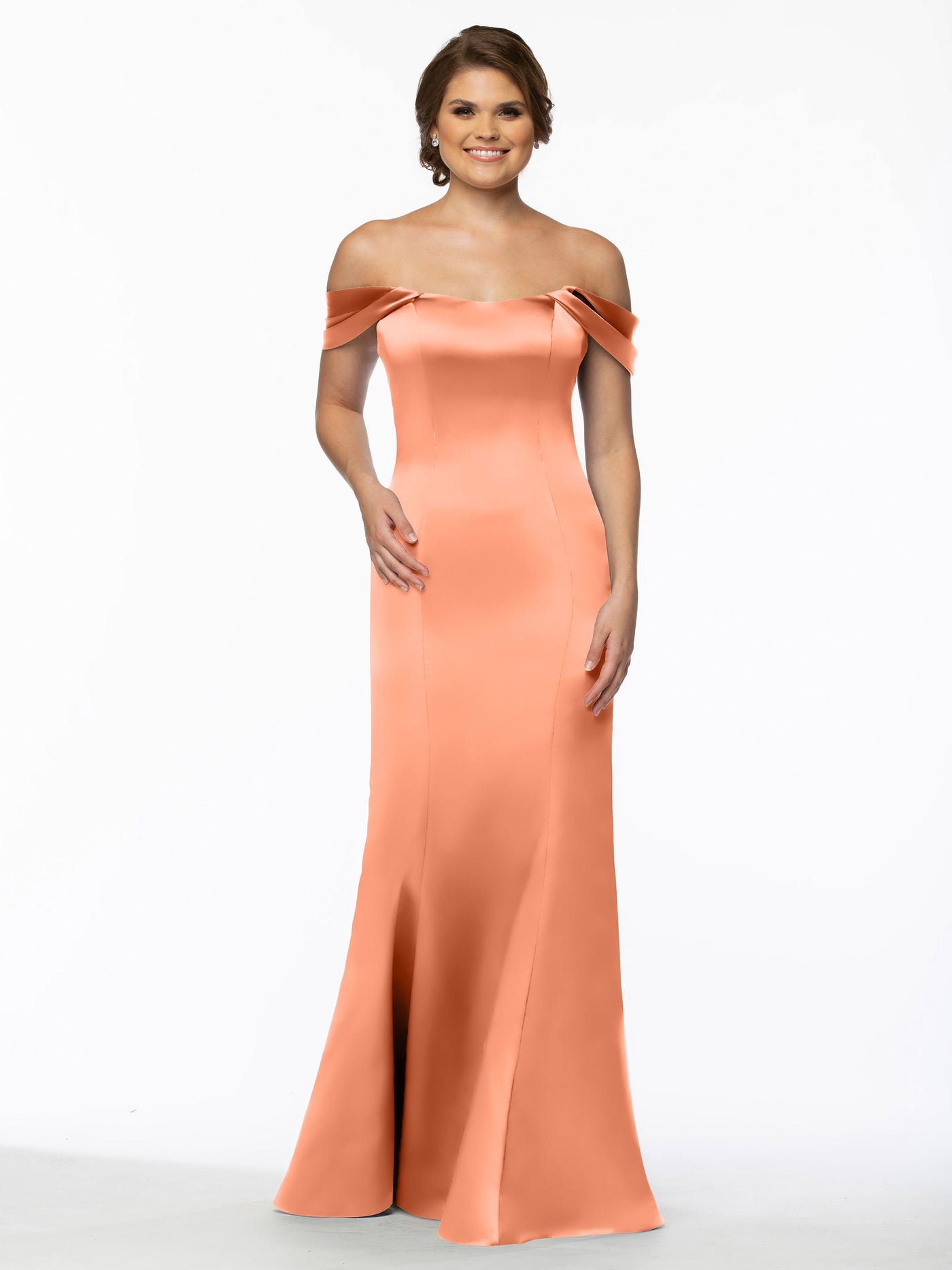 80151 - Fitted Satin Bridesmaid Dress with Off-the-Shoulder Sleeve