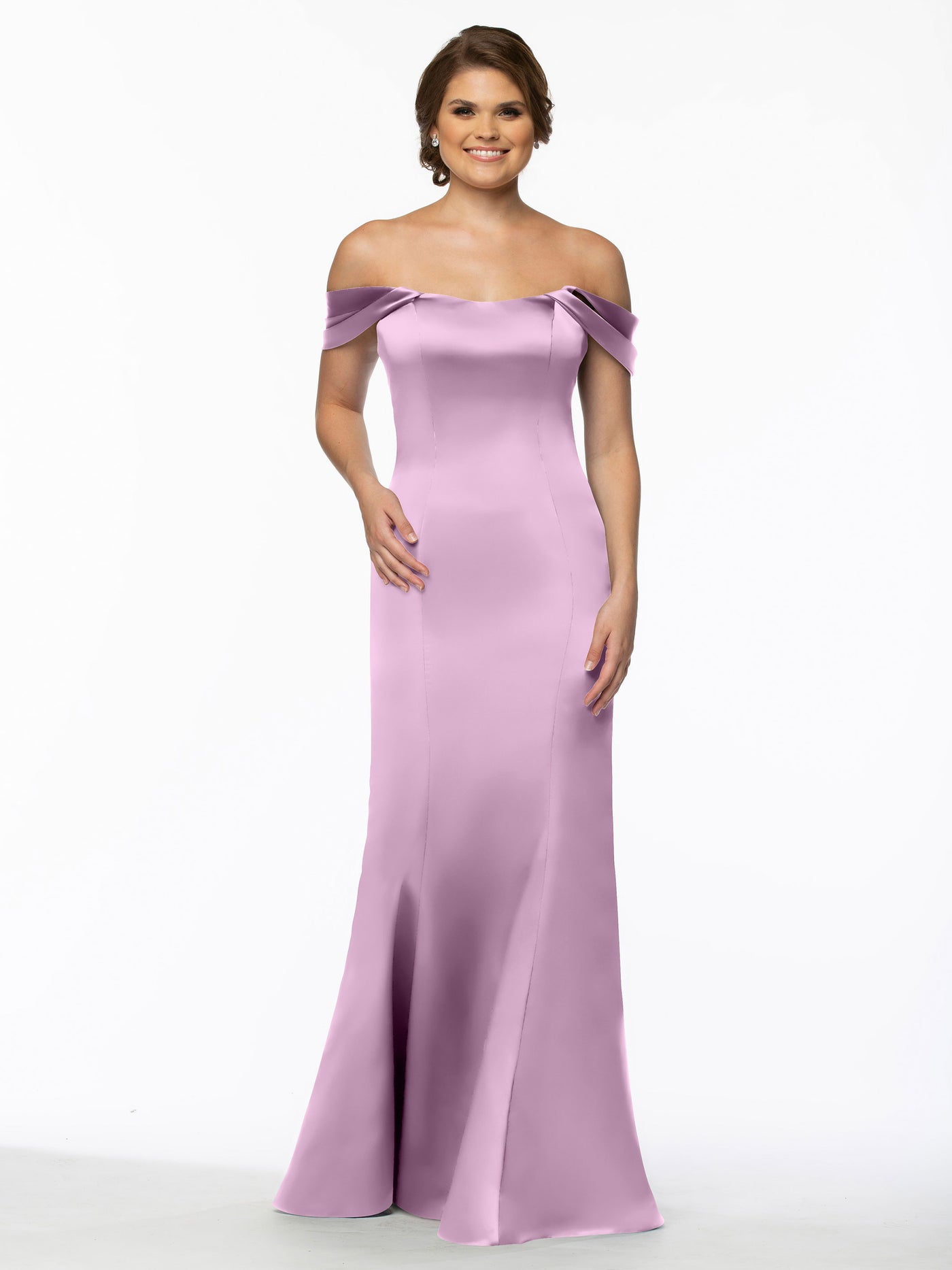 80151 - Fitted Satin Bridesmaid Dress with Off-the-Shoulder Sleeve