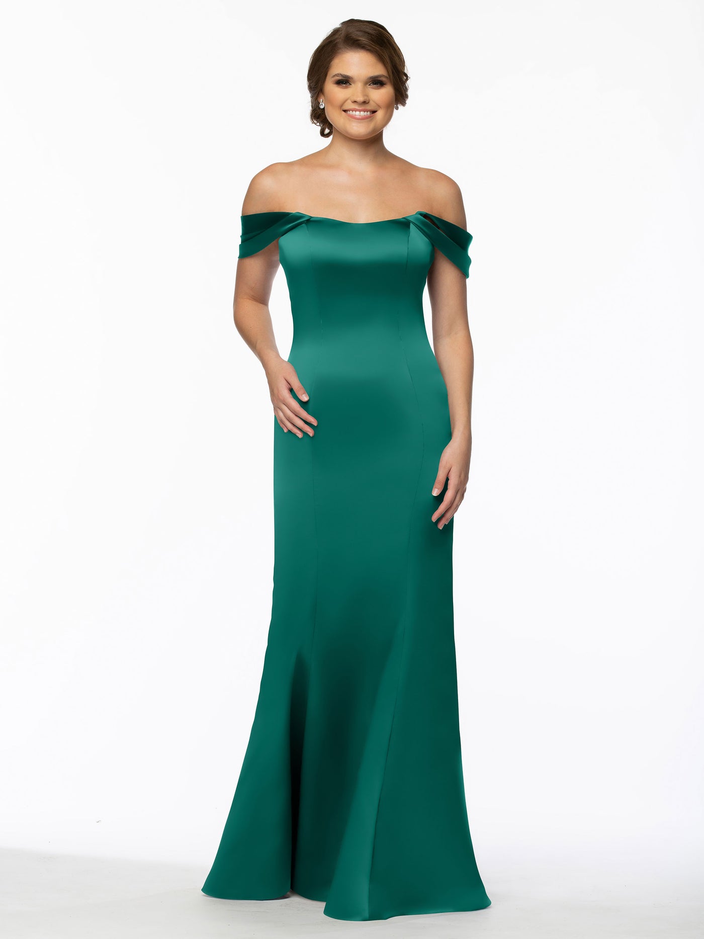 80151 - Fitted Satin Bridesmaid Dress with Off-the-Shoulder Sleeve