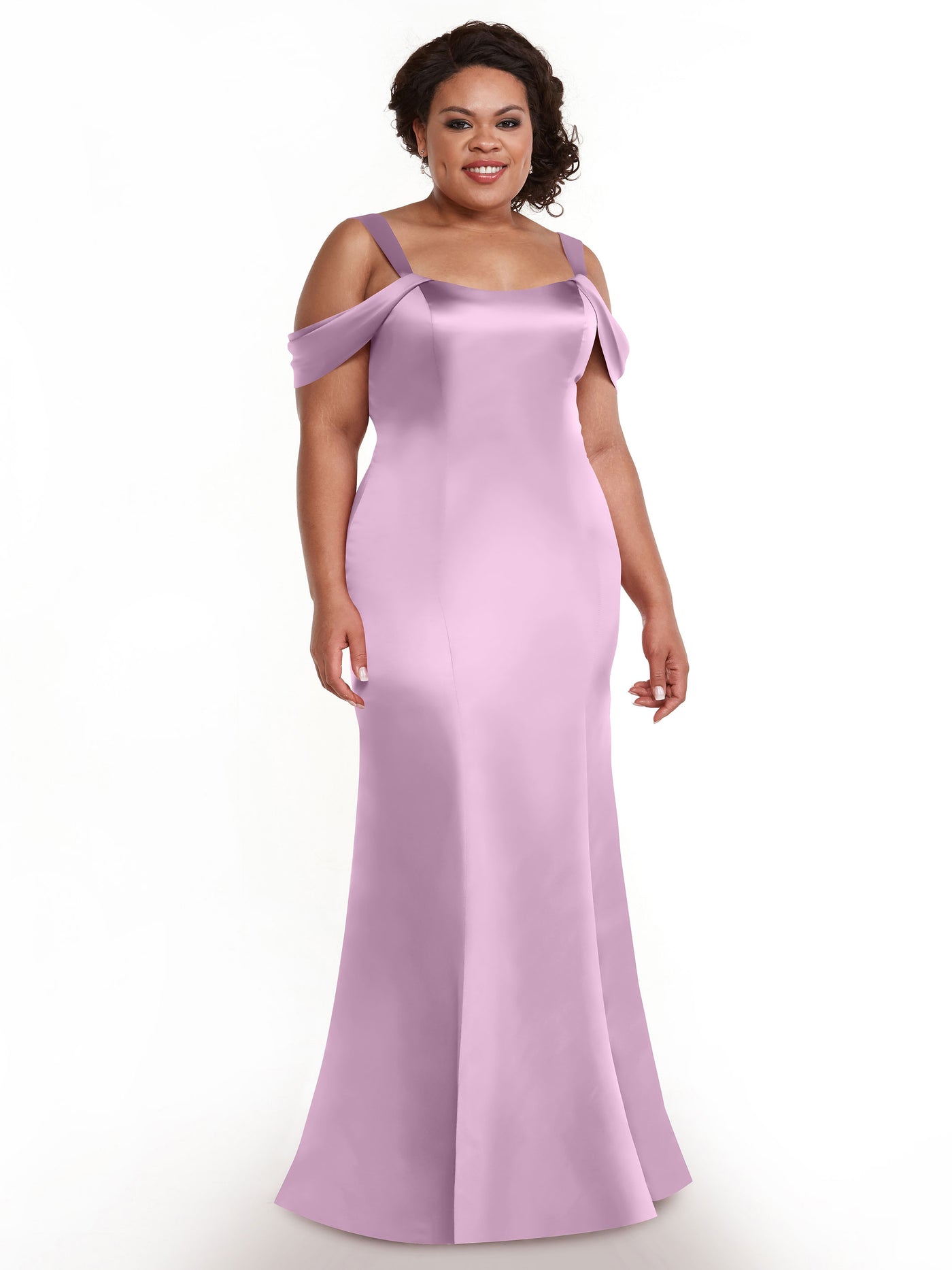 80151 - Fitted Satin Bridesmaid Dress with Off-the-Shoulder Sleeve