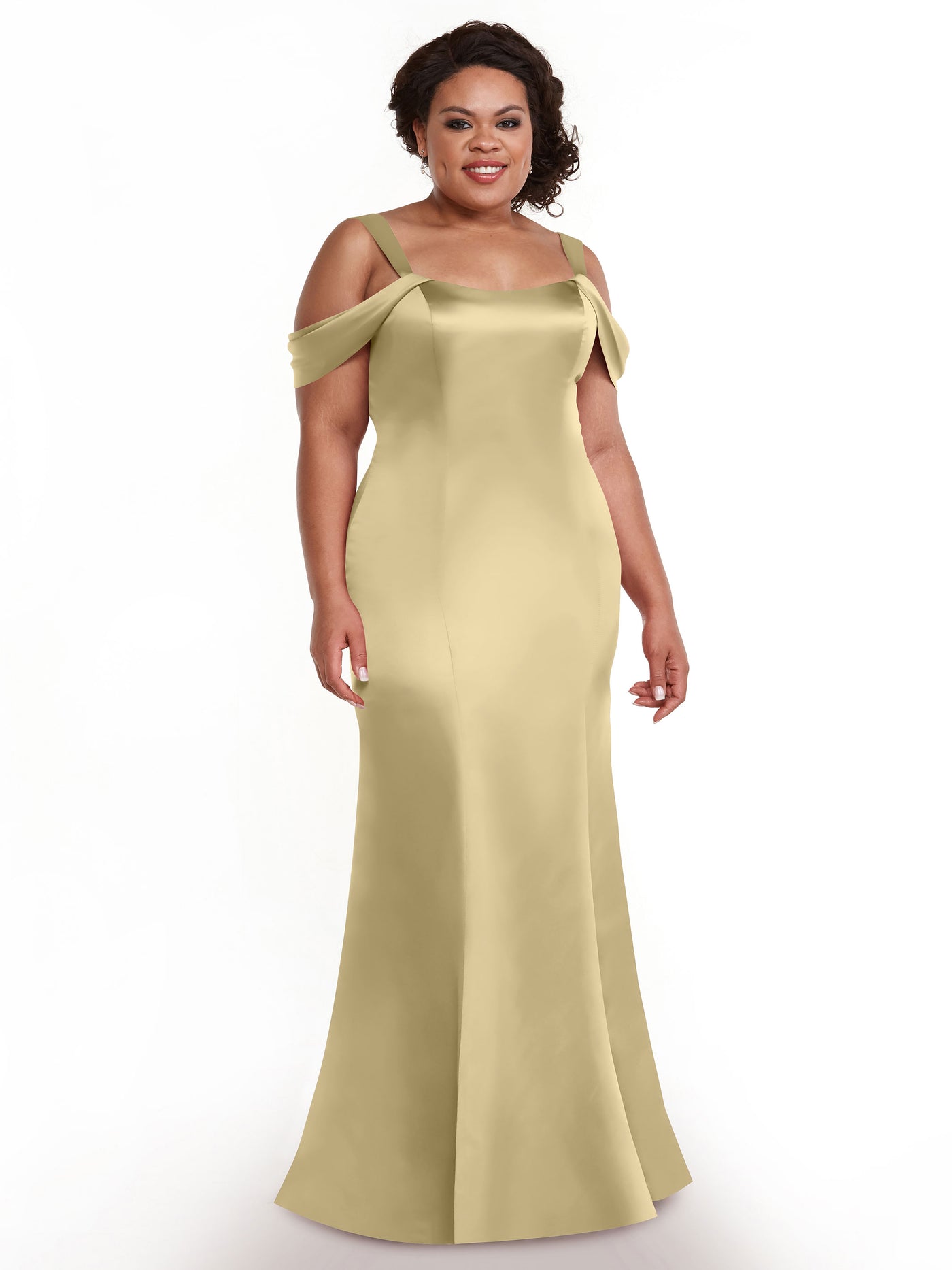 80151 - Fitted Satin Bridesmaid Dress with Off-the-Shoulder Sleeve