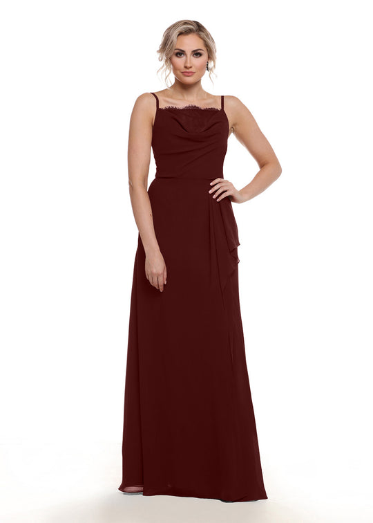A woman with blonde hair styled up and a neutral expression models the Avery Austin TH-80152, a sleeveless, floor-length burgundy chiffon A-Line dress with thin straps and a draped neckline, against a white background.